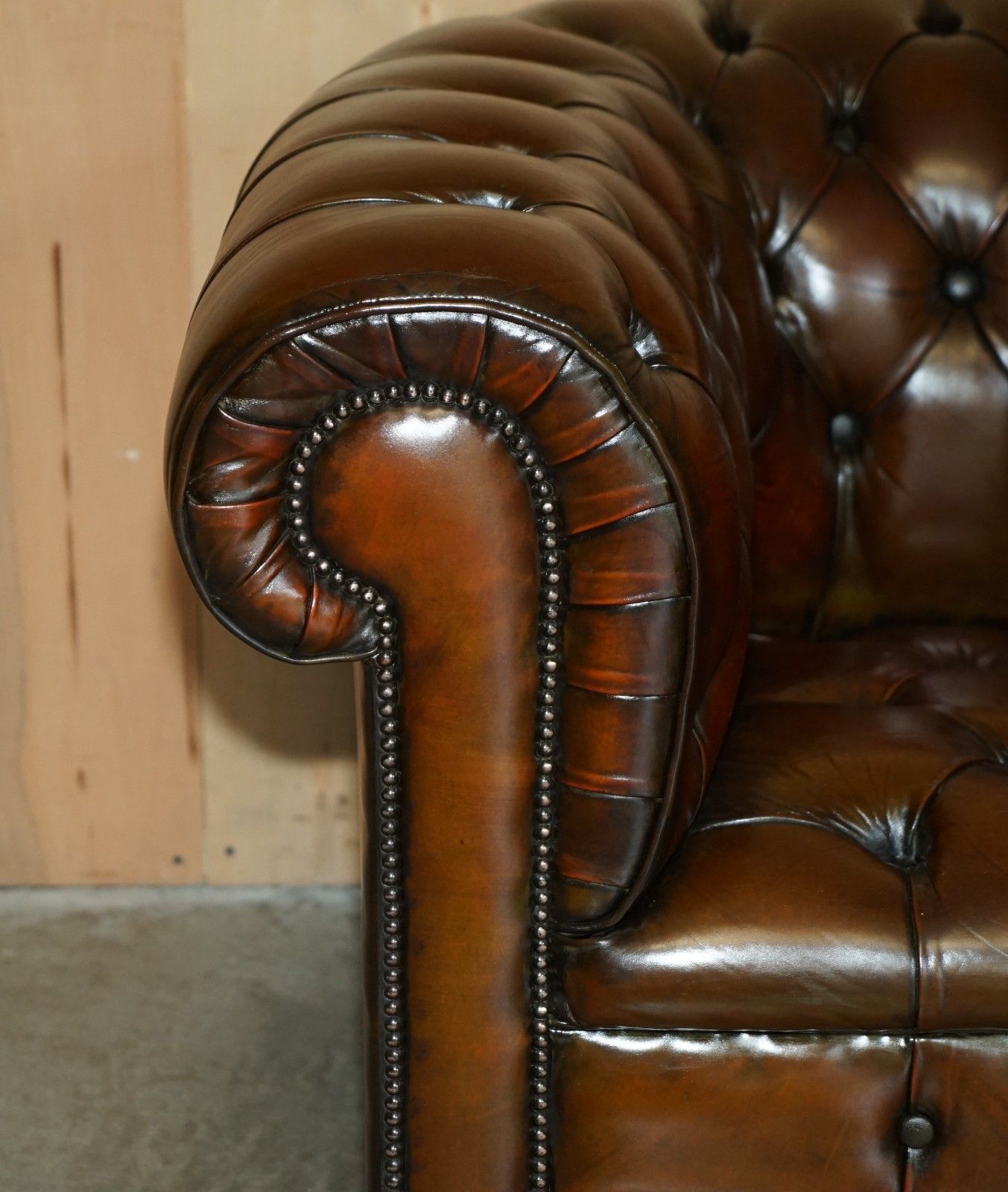 Restored 165cm Wide Chesterfield Fully Tufted Two Seat Brown Leather Club Sofa photo 4950.0