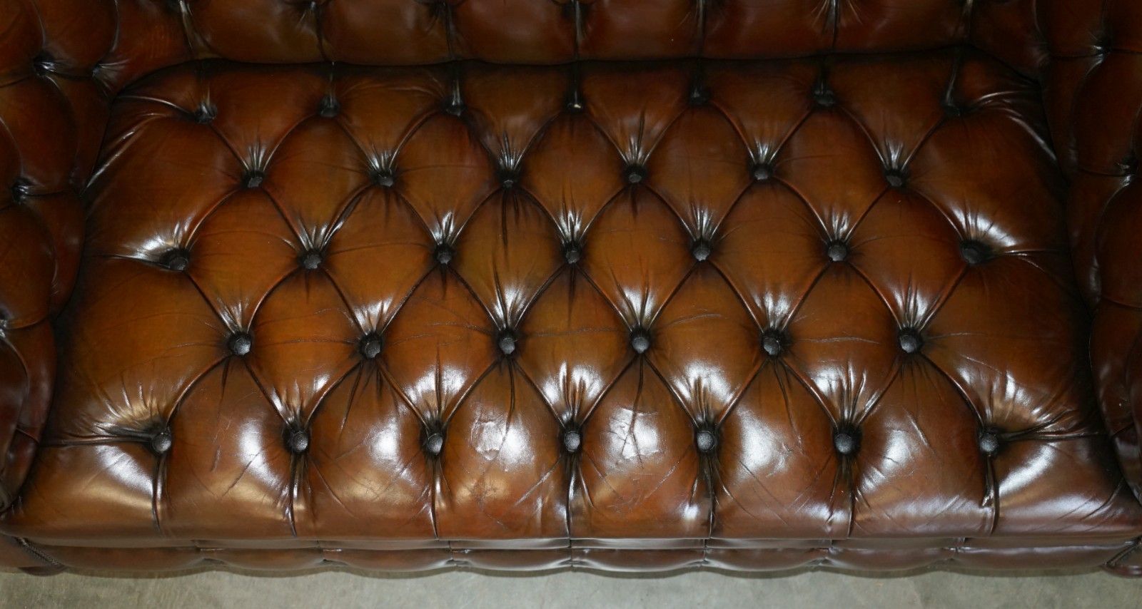 Restored 165cm Wide Chesterfield Fully Tufted Two Seat Brown Leather Club Sofa photo vintage