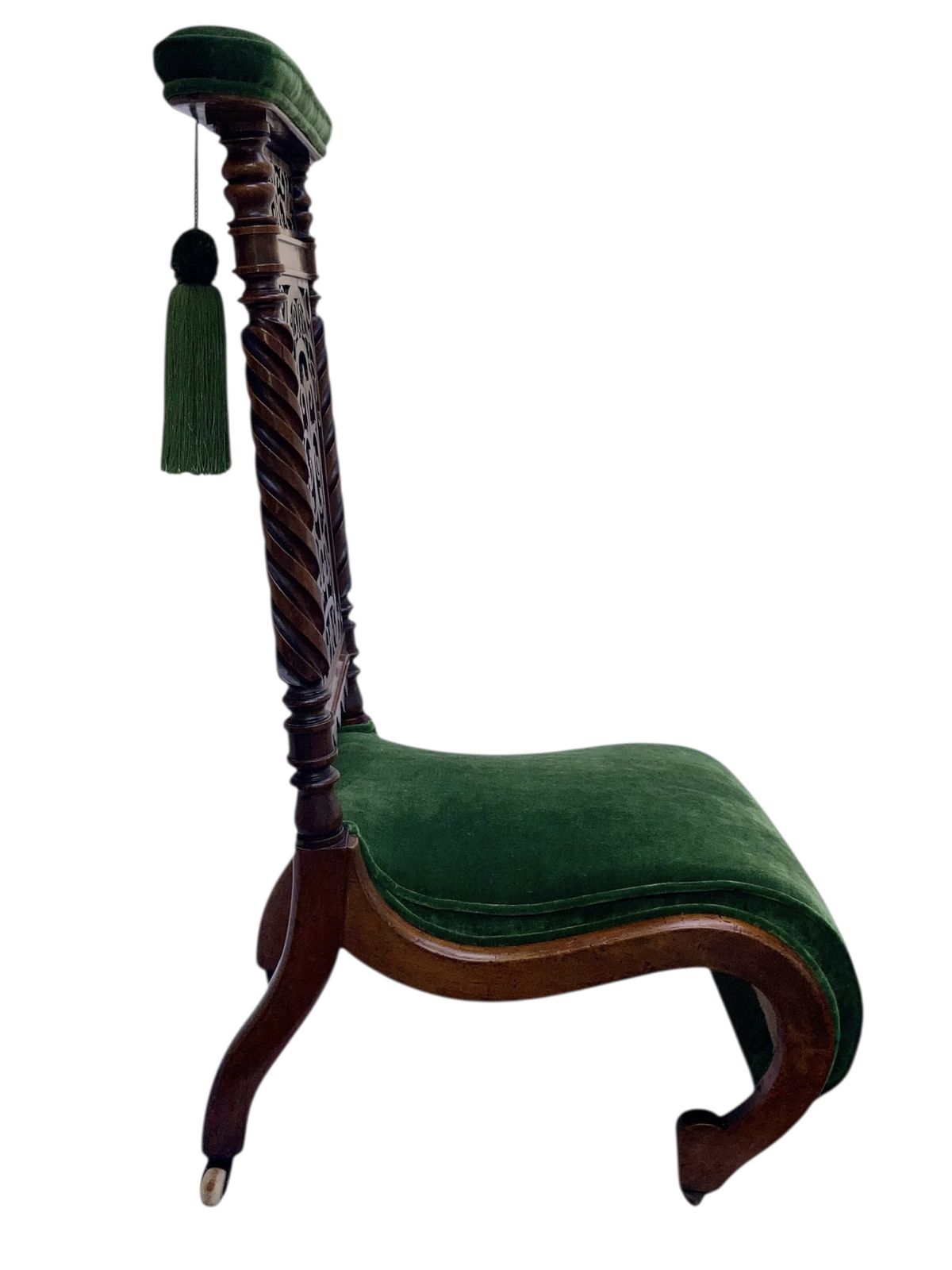 Victorian Walnut Prie Dieu Chair, Circa 1870, With Green Velvet Upholstery And Silk Green Tassels Fully Restored photo vinterior