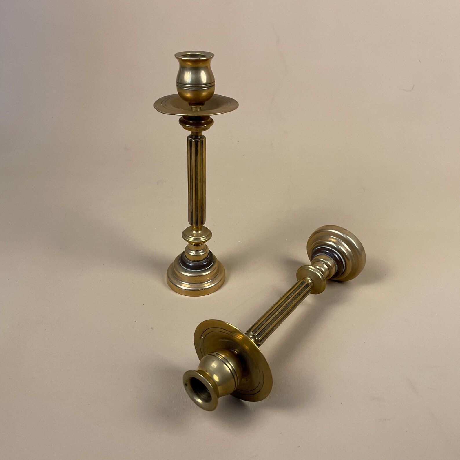 Antique Matching Pair Of Gold Brass Metal Candlestick Candle Stick Holders Vintage Column Taper Dinner Candlesticks Column Pillar Set Holder photo furniture