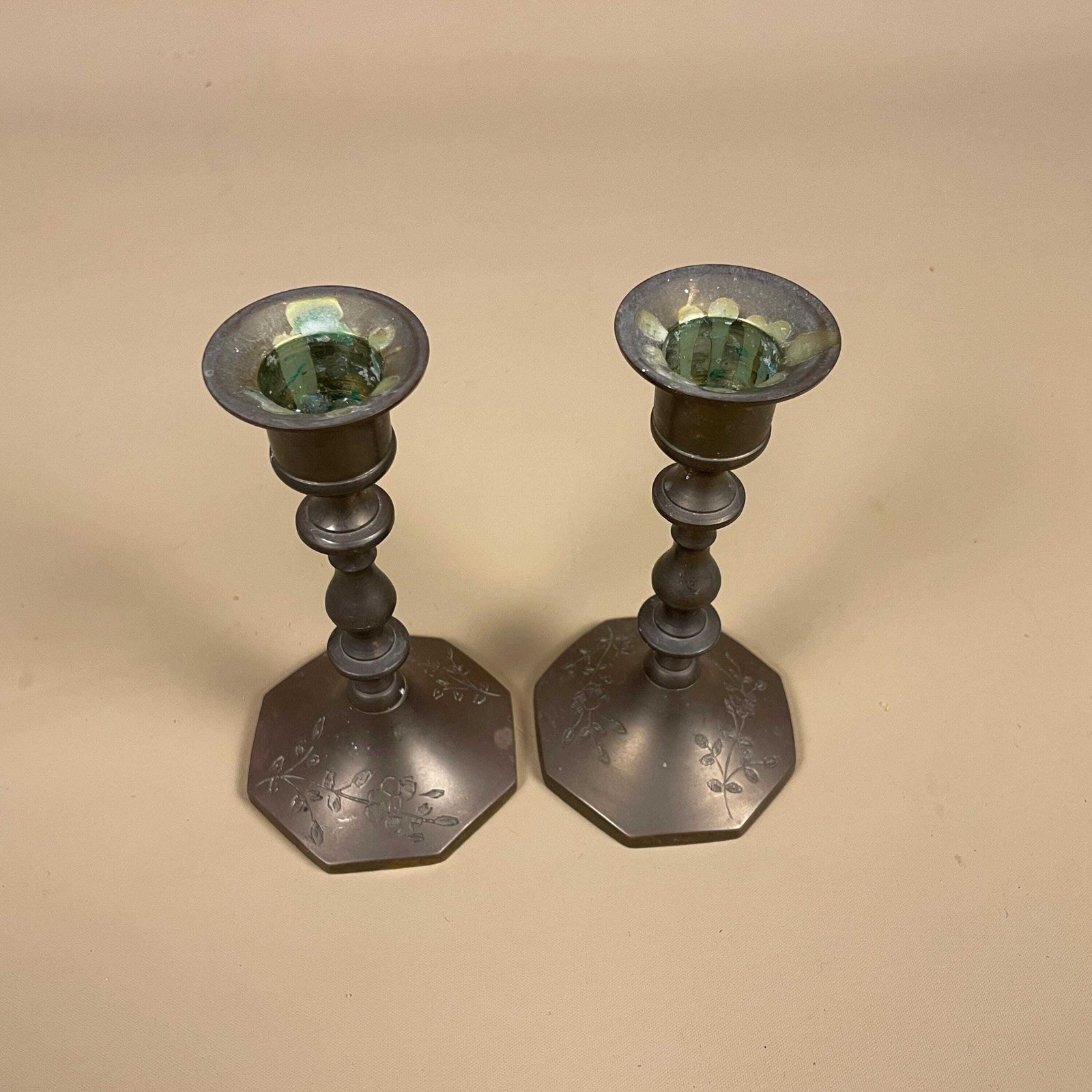 Antique Matching Pair Of Gold Brass Metal Candlestick Candle Stick Holders Holder Vintage Hexagon Taper Dinner Candlesticks Column Engraved photo buy