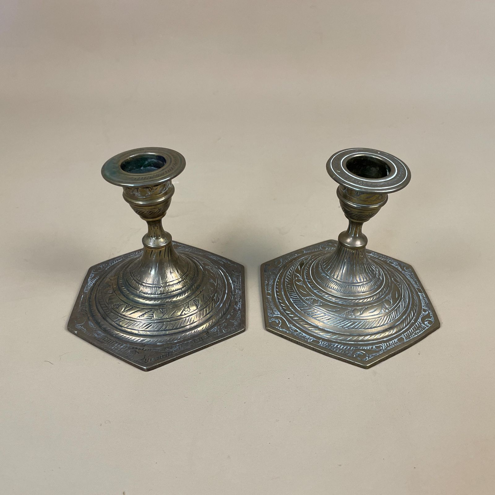 Antique Indian Matching Pair Of Gold Brass Metal Candlestick Candle Stick Vintage Hexagon Taper Dinner Candlesticks Column Low Engraved photo 59.0