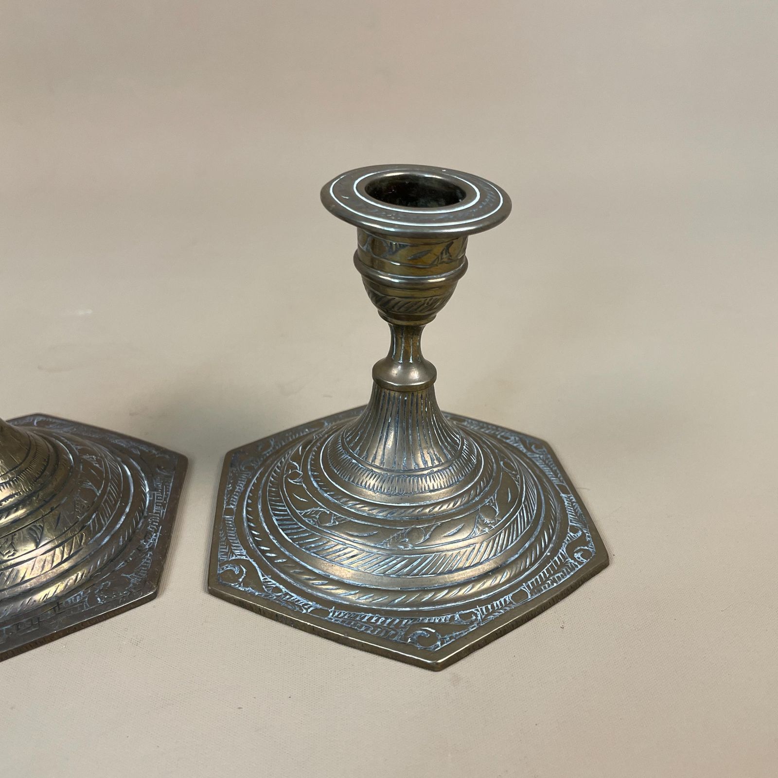 Antique Indian Matching Pair Of Gold Brass Metal Candlestick Candle Stick Vintage Hexagon Taper Dinner Candlesticks Column Low Engraved photo vinterior