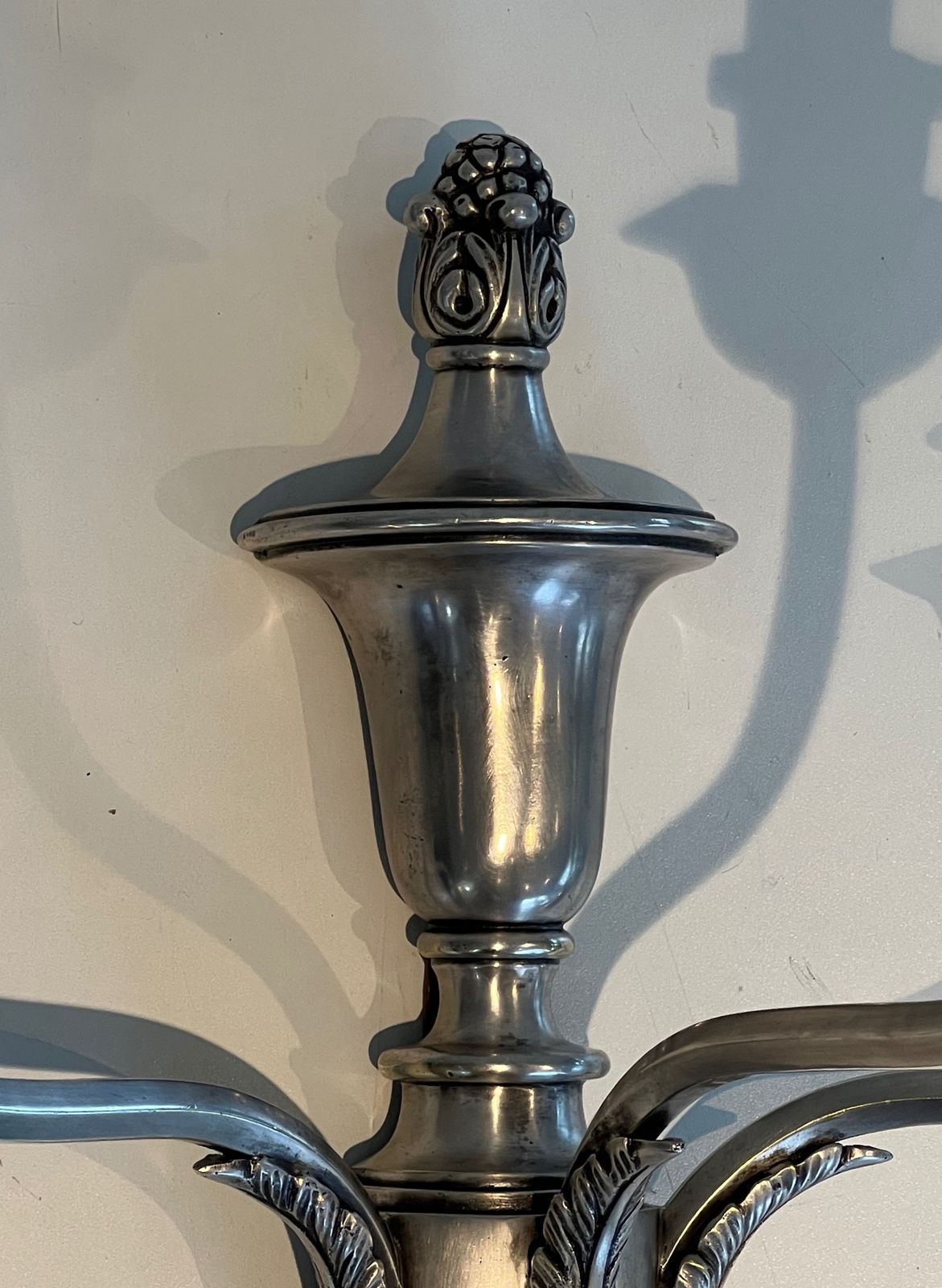 Pair Of Large Louis XVI Style Wall Lights In Silver Metal With 3 Light Arms photo buy