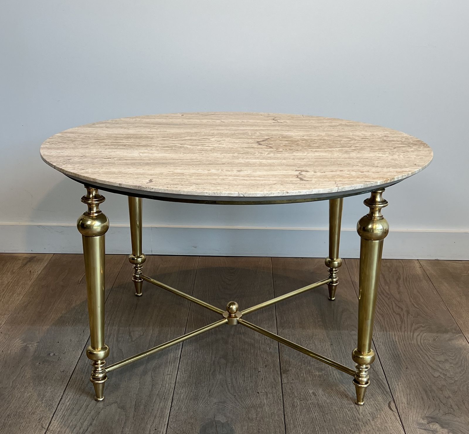 2450.0 Brass Coffee Table With White Marble Top In The Style Of Maison Ramsay photo