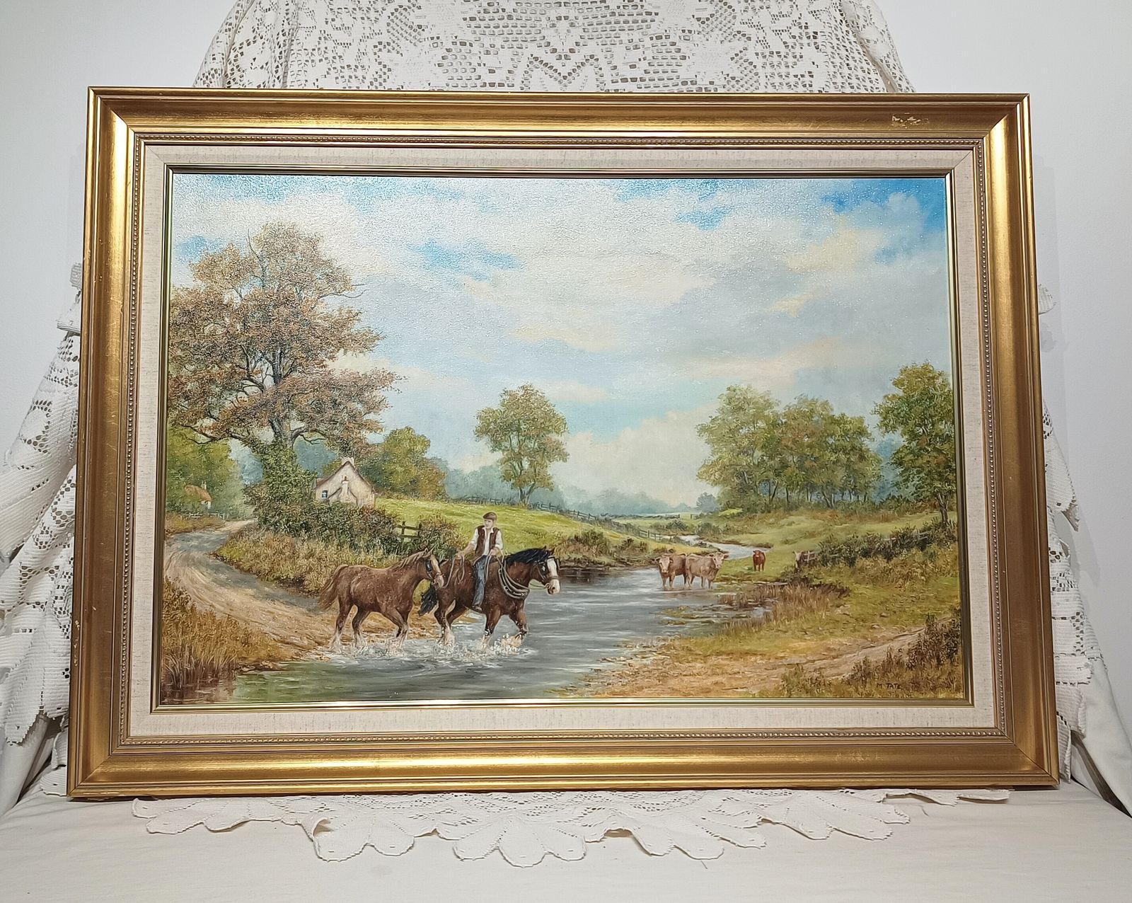 Large Impressive Oil Painting On Canvas,Working Horses Coming Home Artist Signed. photo vintage