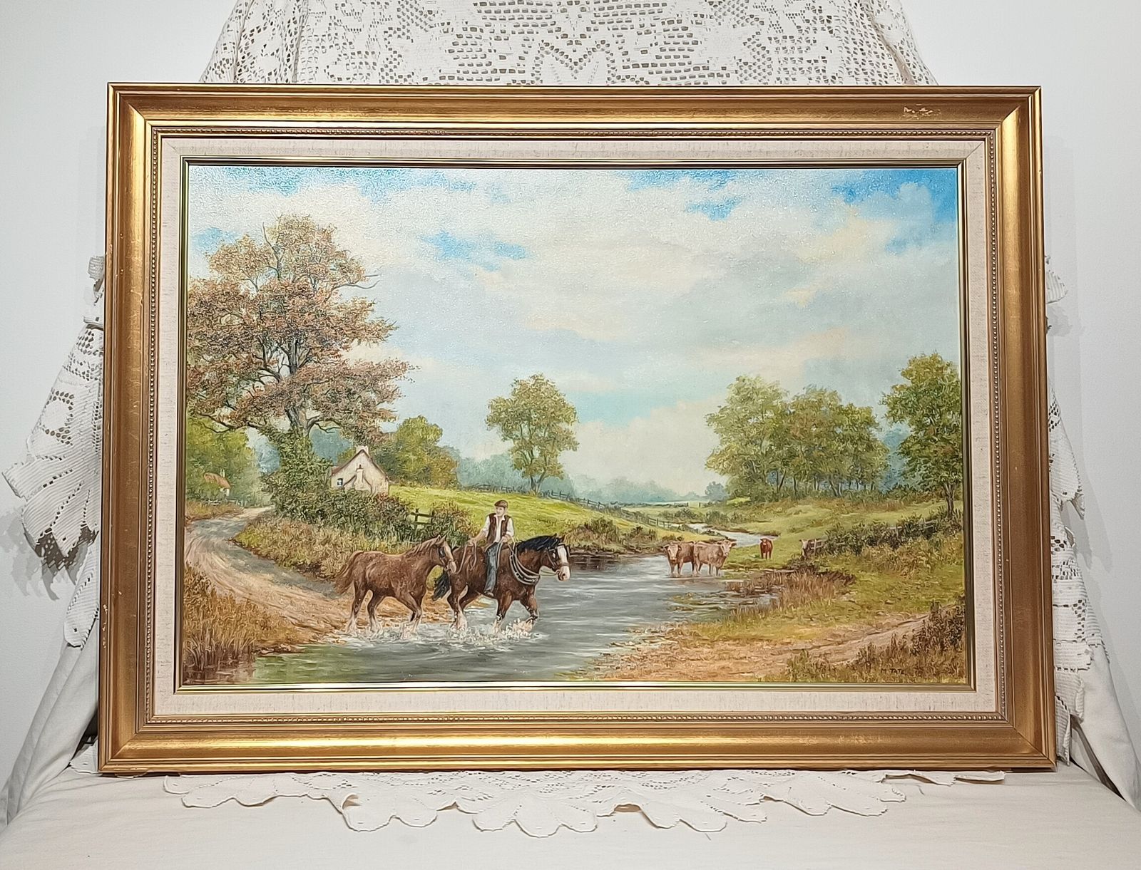 Large Impressive Oil Painting On Canvas,Working Horses Coming Home Artist Signed. photo furniture