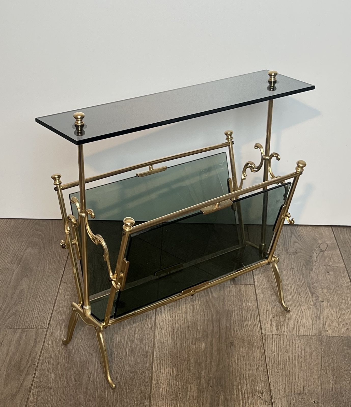 Brass And Blue Glass Magazine Rack