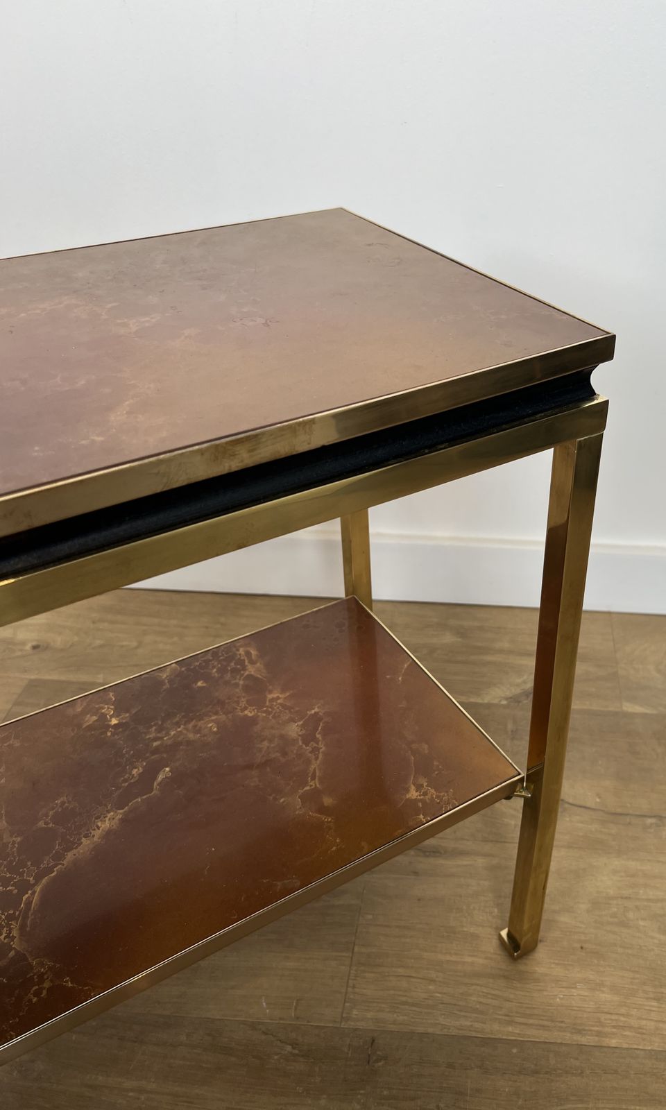 photo for sale Brass, Black Lacquered Metal And Amber Celluloid Top Side Table By Guy Lefèvre For Maison Jansen