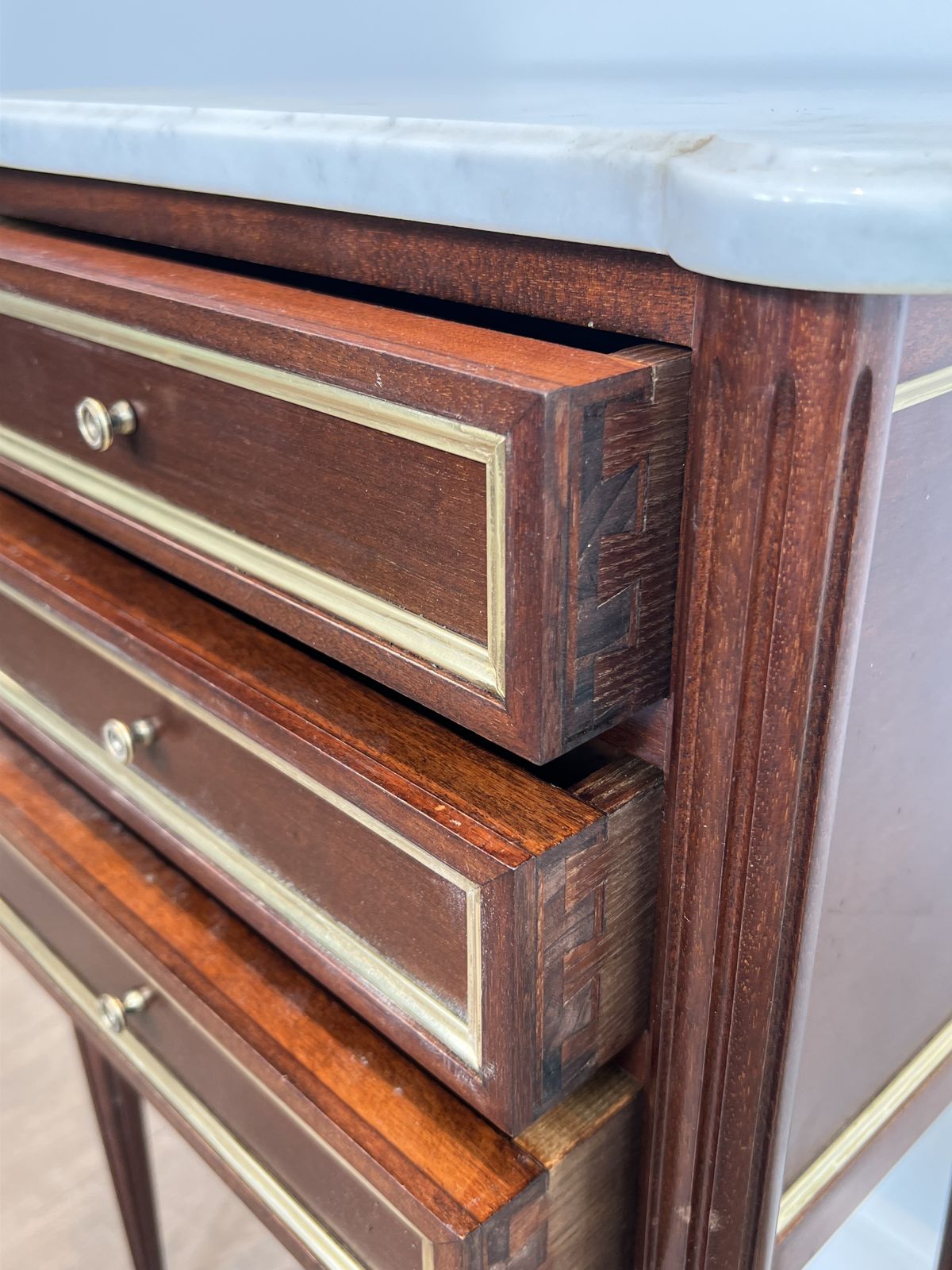 Furniture Pair Of Mahogany And Brass End Tables Or Bedside Tables With Carrara Marble Tops In The Style Of Maison Jansen. Circa 1940 photo