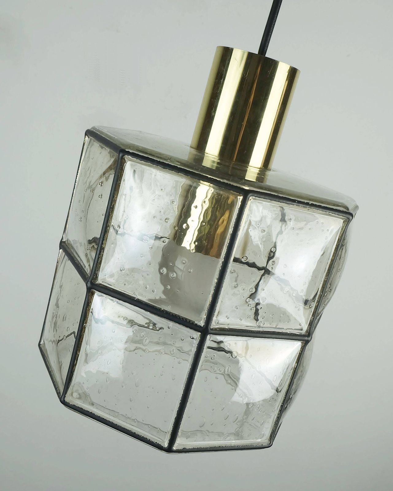 1960s 70s Glashuette Limburg Pendant Lamp Clear Glass Shade And Brass photo 449.0