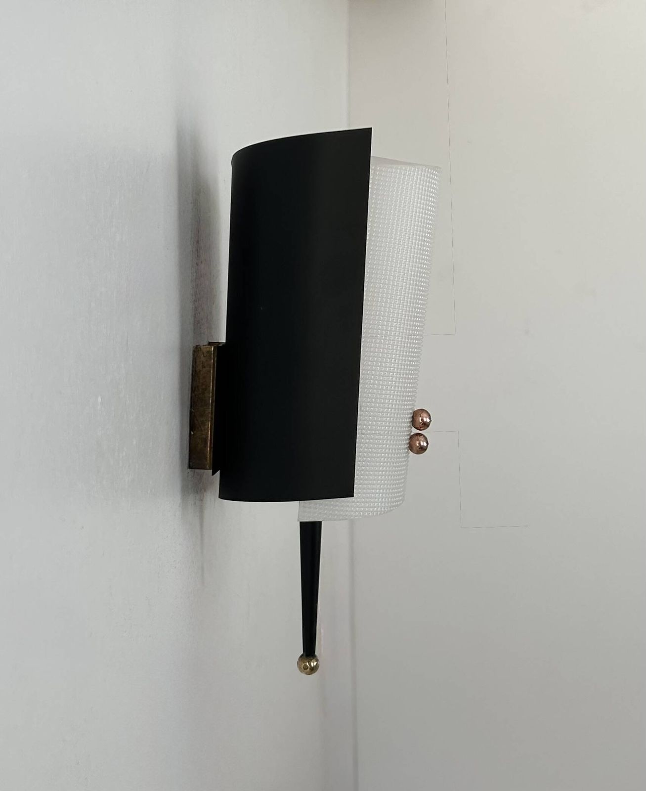 Vintage Jaques Biny Wall Lamp, Black Metal, Brass And Perpex, France 1960 photo vinterior