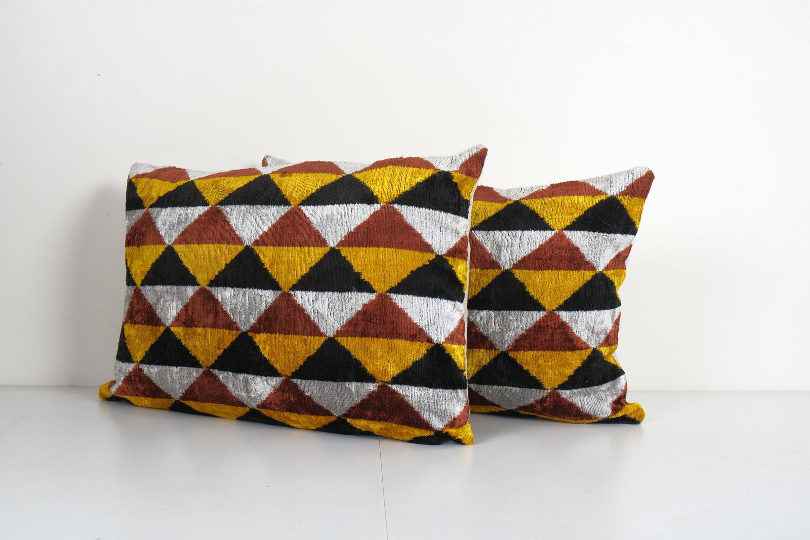 Ikat Yellow Pillow Cover   Set Of Two Silk Pastel Velvet Lumbar Pillow Cover   Ethnic Decorative Pillow   Velvet Ikat Pillow 16'' X 24'' photo for sale