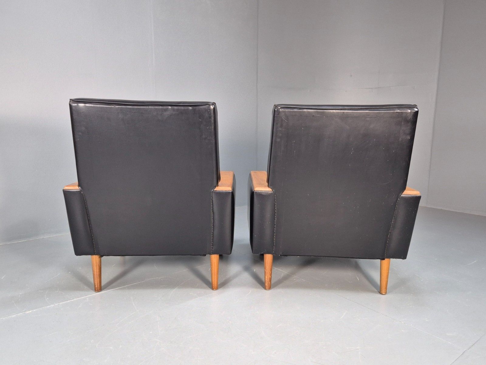 photo buy 2 Vintage Danish Lounge Chairs Cream Black Vinyl And Teak 1960s Mcm Eb10228 Mnor