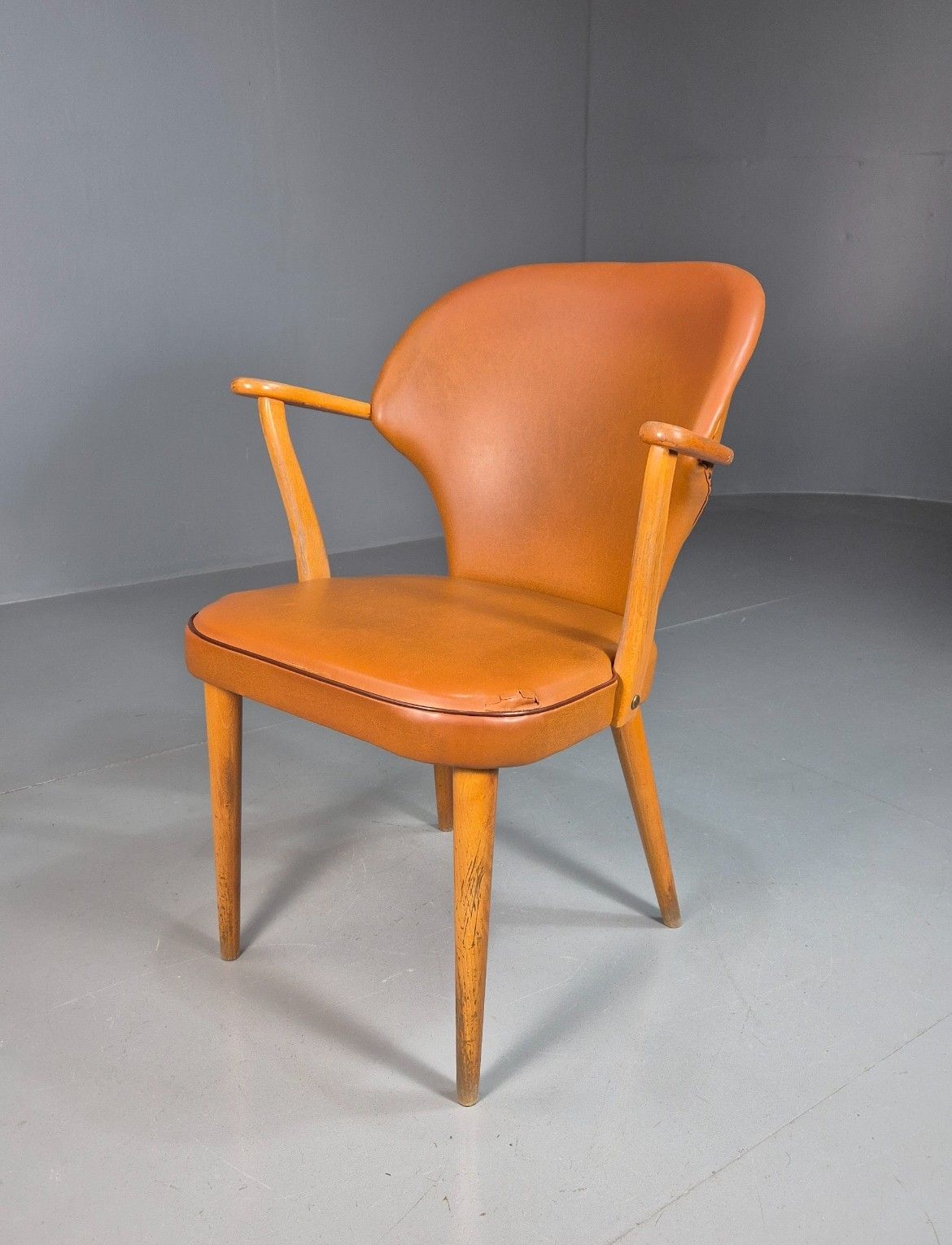 Vintage Swedish 1950s Elbow Chair Beech Frame With Tan Vinyl Cover Eb7725 Mnor