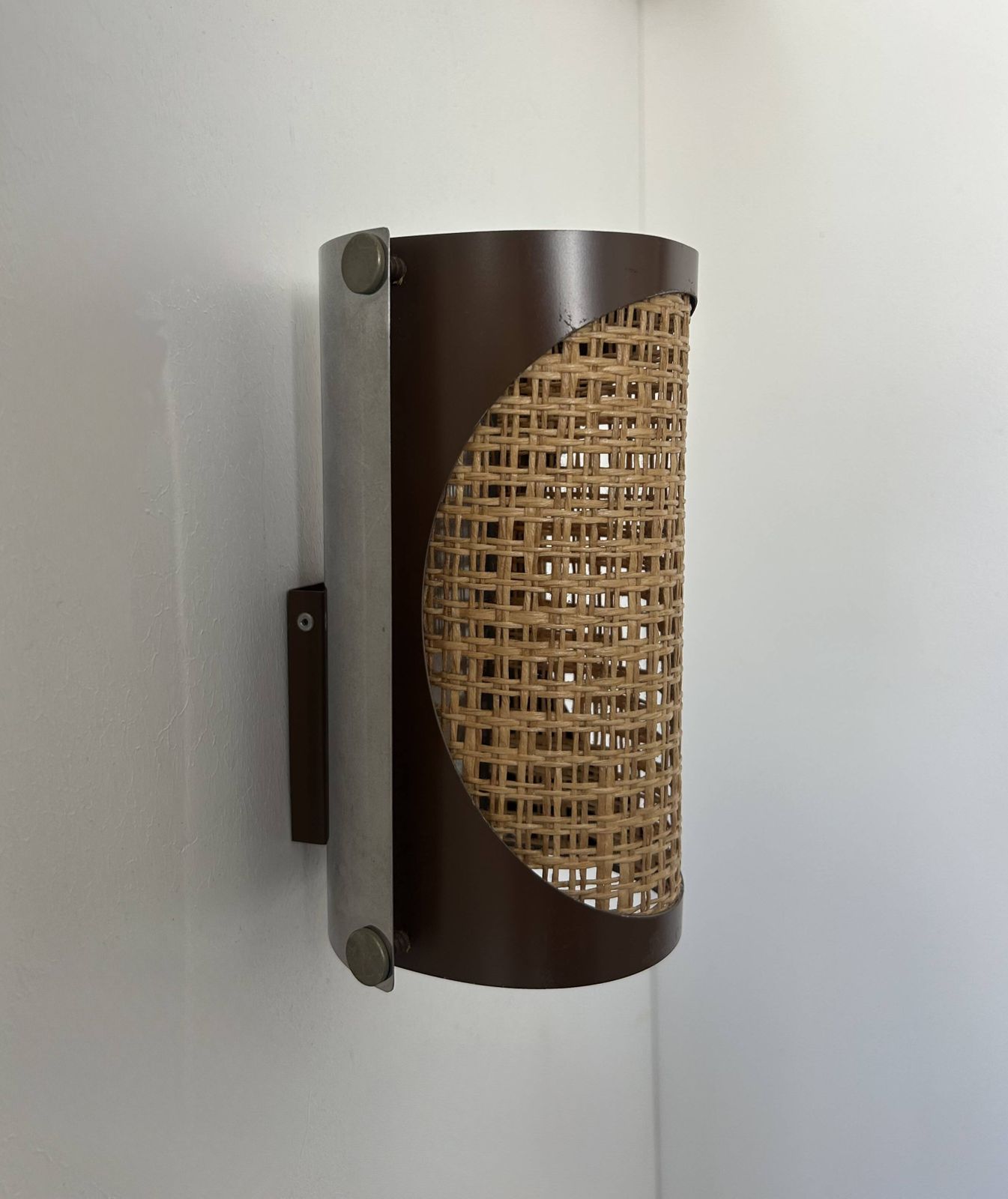 Lighting Pair Of Vintage Sconces, Cane And Chrome, France 1970 photo