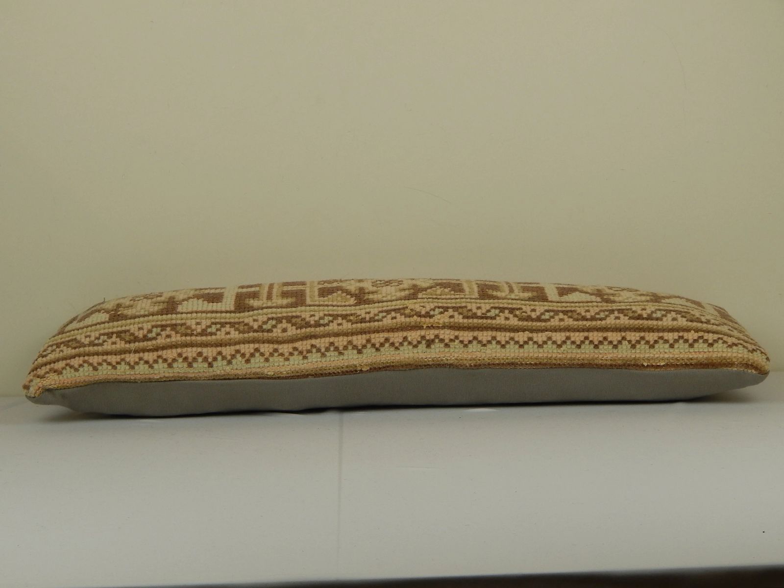 Extra Long Turkish Lumbar Rug Pillow, Faded Beige Copper Turkish Bedding Rug Pillow, Geometric Ethnic Anatolian Bench photo for sale