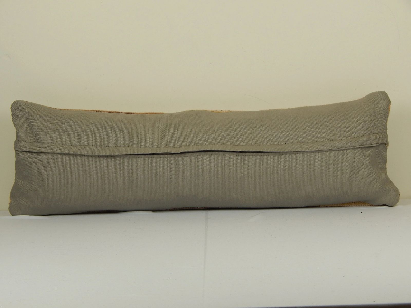 Extra Long Turkish Lumbar Rug Pillow, Faded Beige Copper Turkish Bedding Rug Pillow, Geometric Ethnic Anatolian Bench photo Textiles