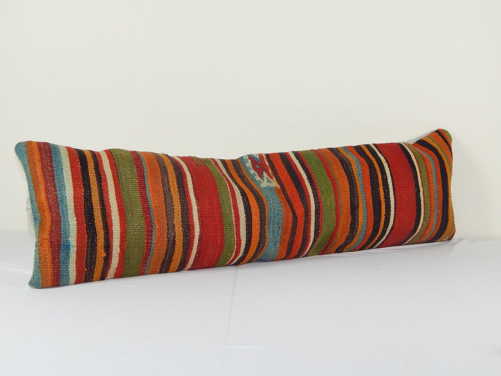 Ethnic Turkish Lumbar Striped Kilim Pillow, Anatolian Pastel Color Bedding Cushion Cover, Wool Bench Cushion Cover photo for sale