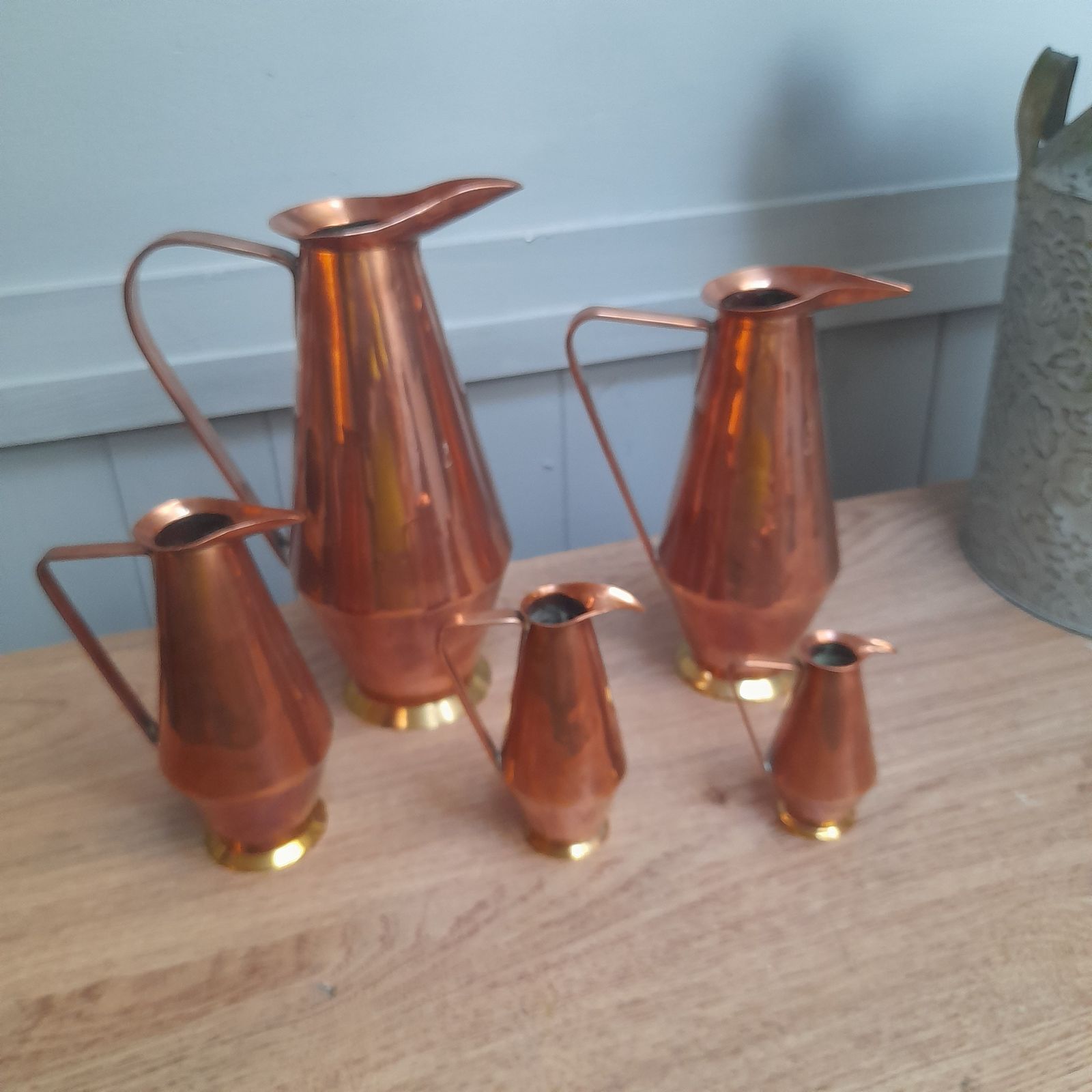 Great Set Of 5 Brass And Copper Pitchers/Jugs