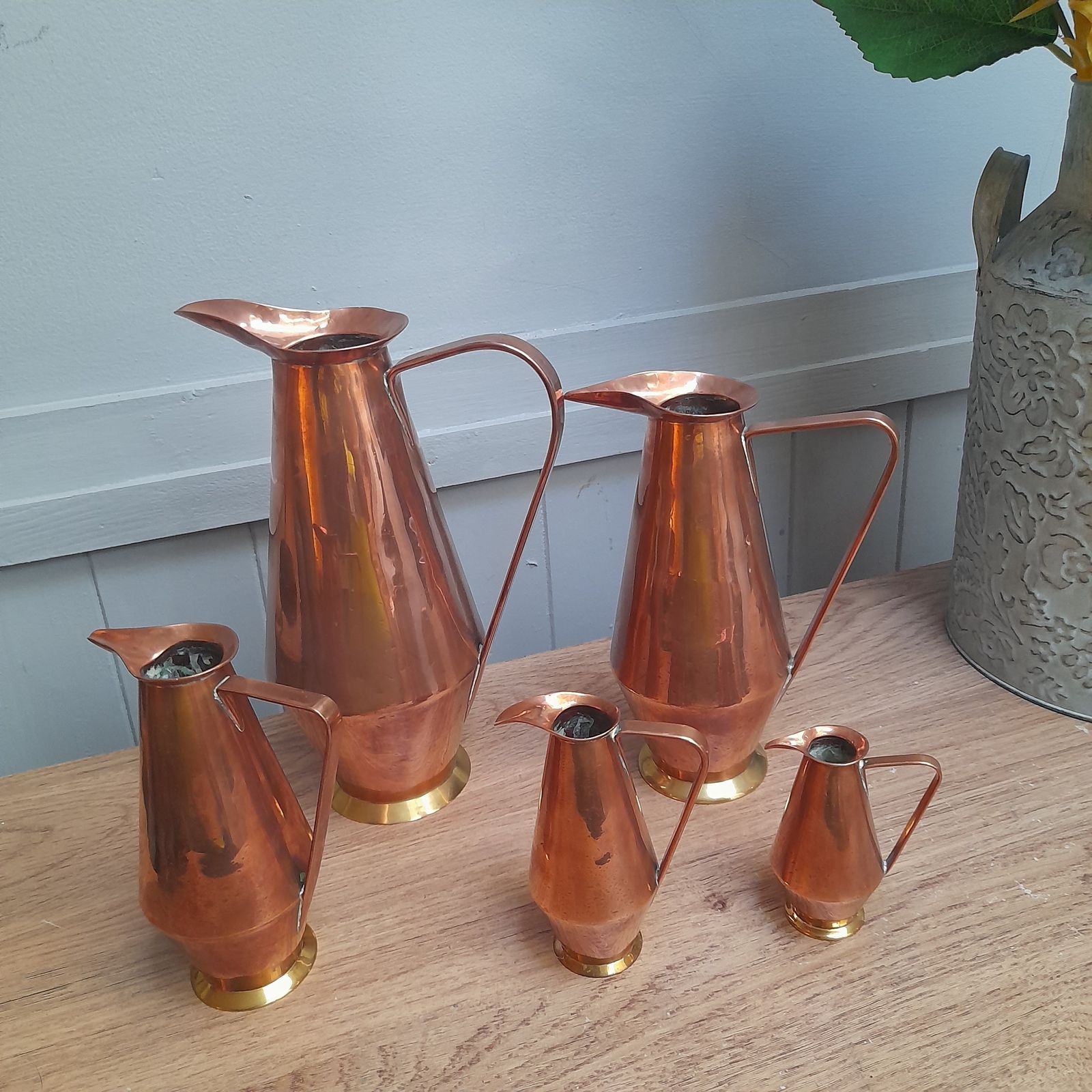 Great Set Of 5 Brass And Copper Pitchers/Jugs photo Home Decor