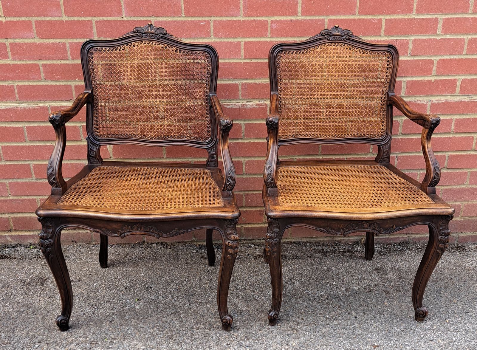 Pair Of French 18th Century Louis XV Carved Cane Armchairs