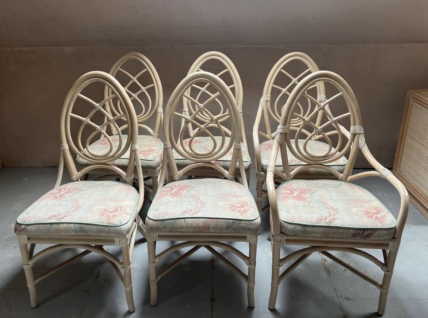 6 Upholstered Dining Chairs (Incl. 2 Carvers) Faux Bamboo / Cane / Rattan (See Also Dining Table)