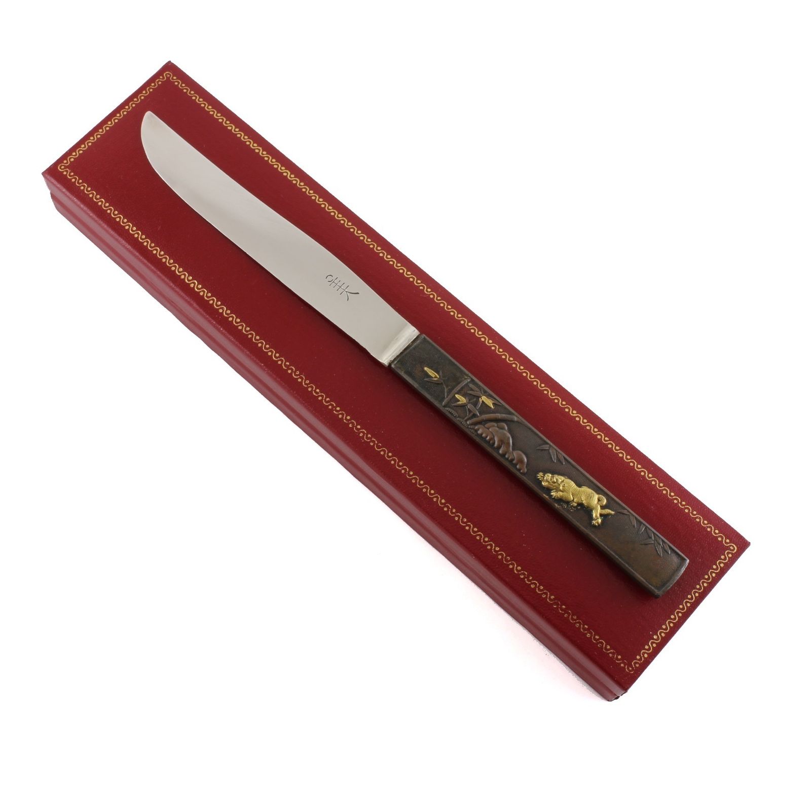 Japanese Bronze Kozuka Tiger Silver Letter Opener. Antique Meiji C1880.