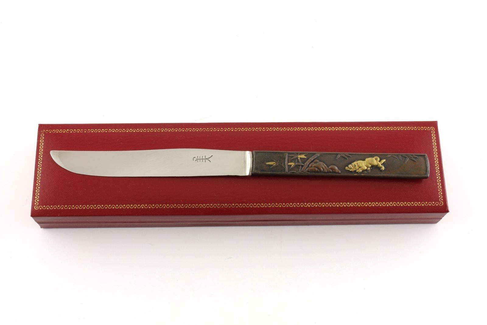 Japanese Bronze Kozuka Tiger Silver Letter Opener. Antique Meiji C1880. photo furniture