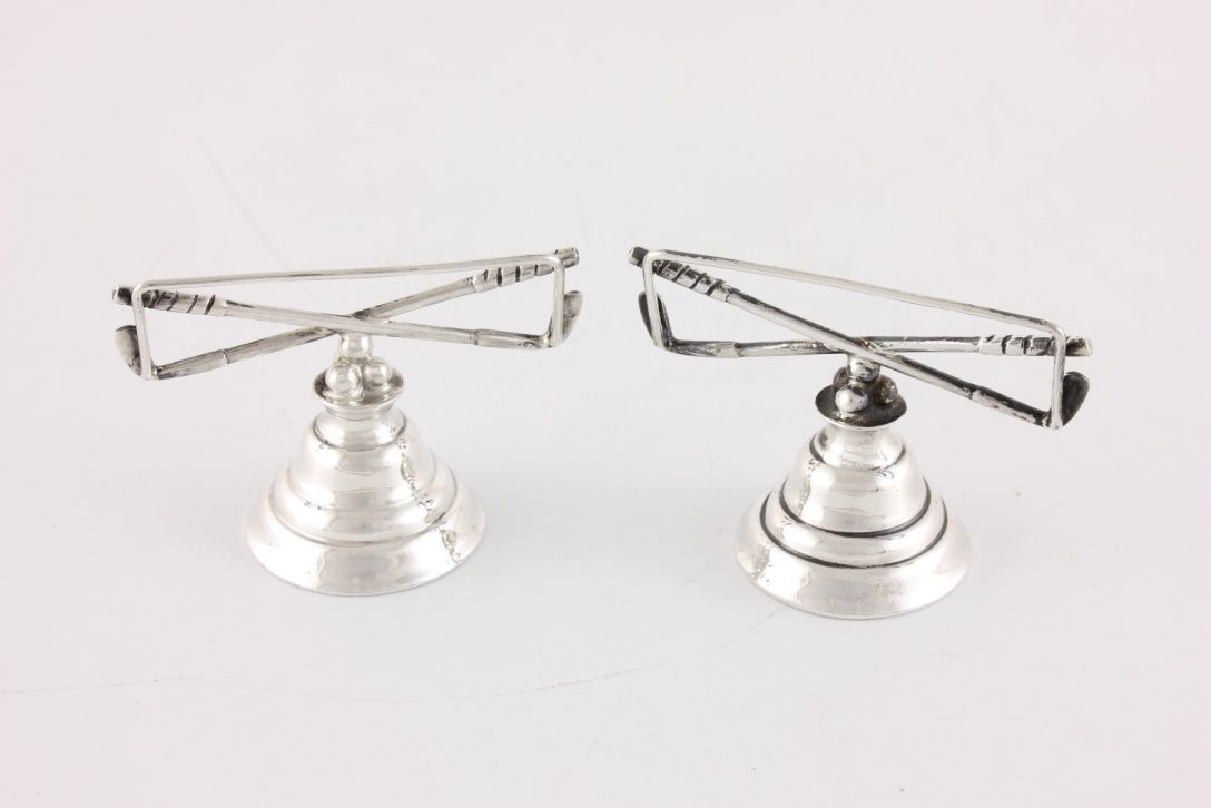 Two Silver Golf Menu Card Holders. Golf Club & Balls Photo Clips. 1903. photo vinterior