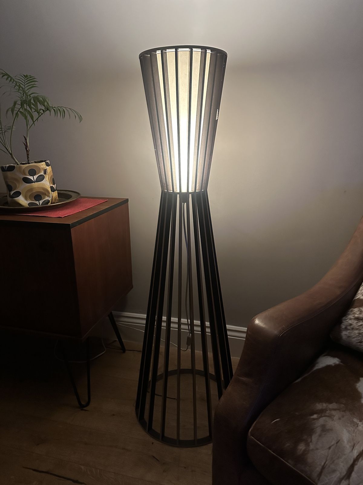 Tall Wooden Floor Lamp Black/Tan Slatted Wood Contemporary Mid Century Hour Glass photo for sale