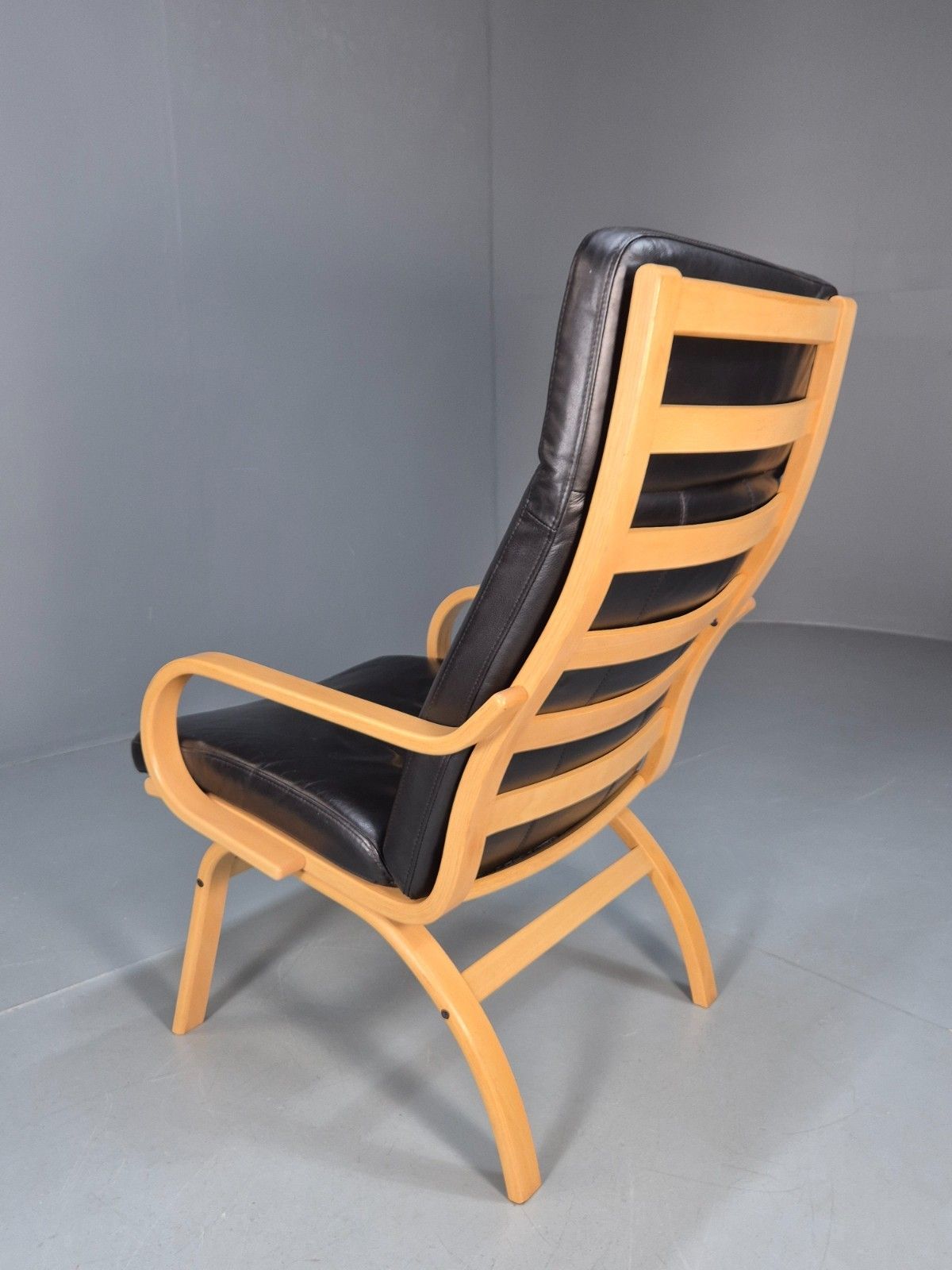 photo for sale Danish Black Leather Bentwood Armchair Stouby Style Beech Frame  Eb10299 Mben