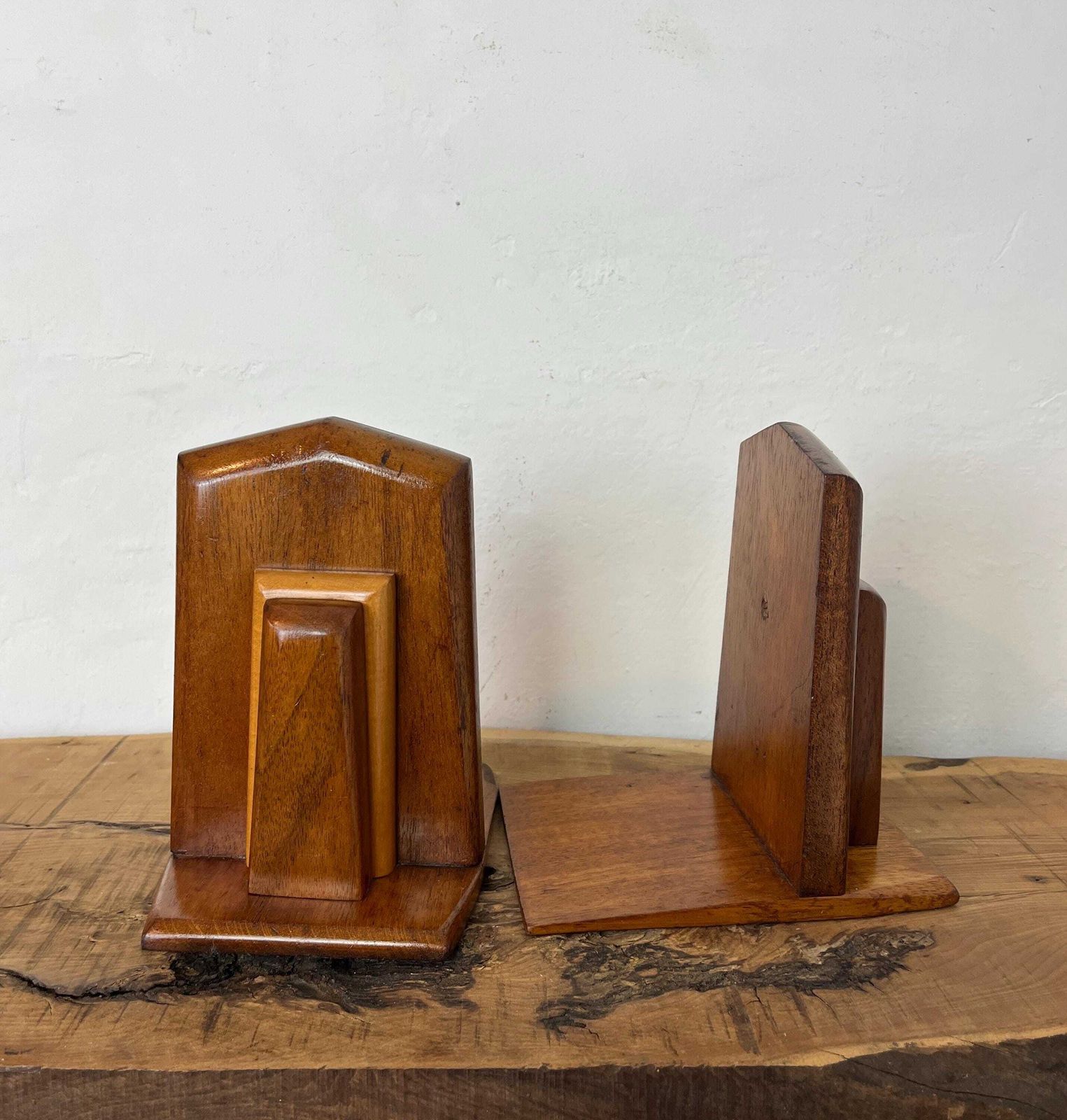 Mid Century Art Deco Wooden Bookends: Mahogany & Beech photo for sale