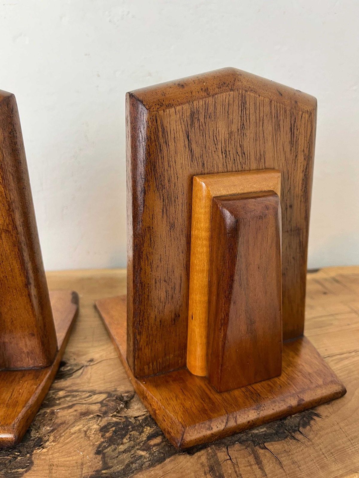 Mid Century Art Deco Wooden Bookends: Mahogany & Beech photo Home Decor
