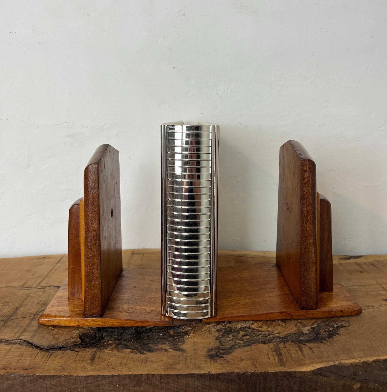 Mid Century Art Deco Wooden Bookends: Mahogany & Beech photo buy
