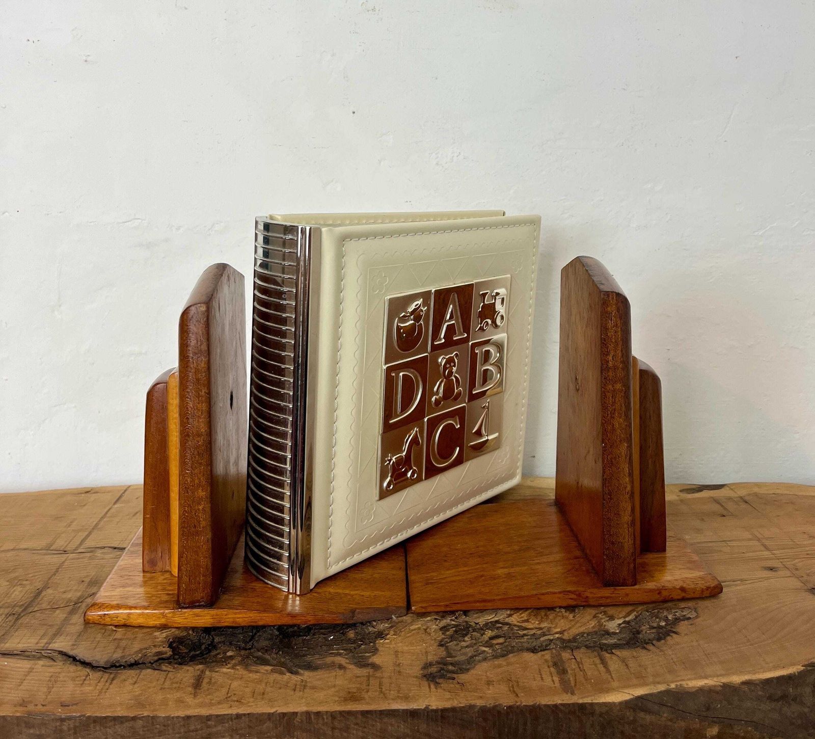 photo for sale Mid Century Art Deco Wooden Bookends: Mahogany & Beech
