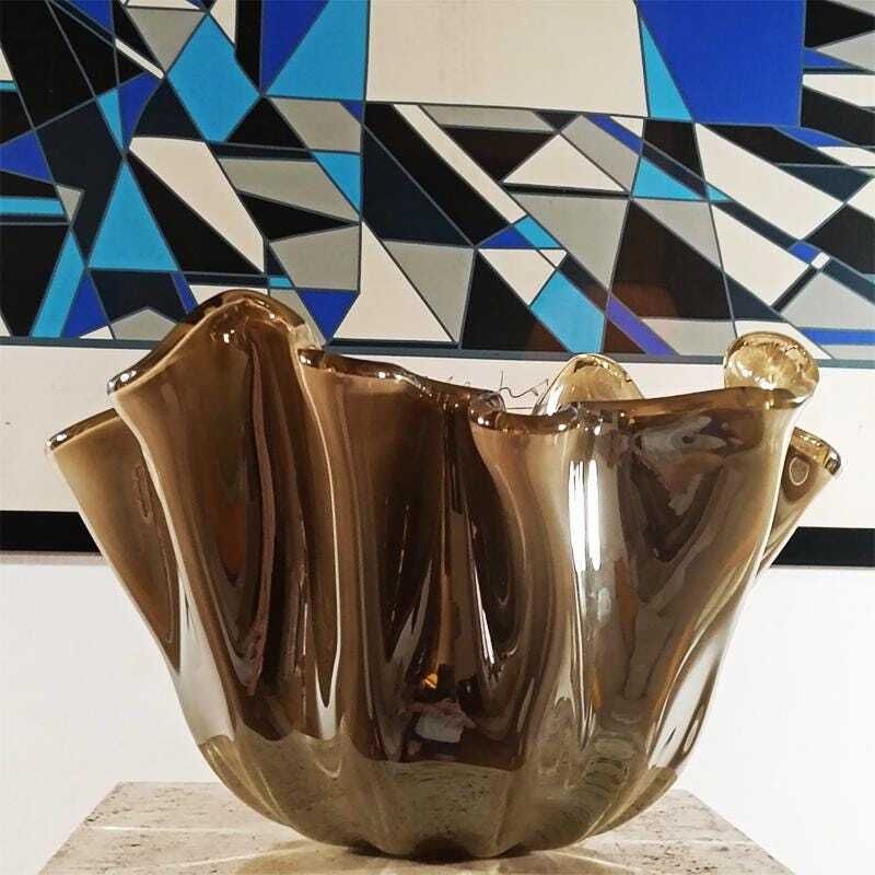 Big Glossy Light Bronze Jacketed Handkerchief Vase In Hand Worked Murano Glass. Made In Italy. photo furniture