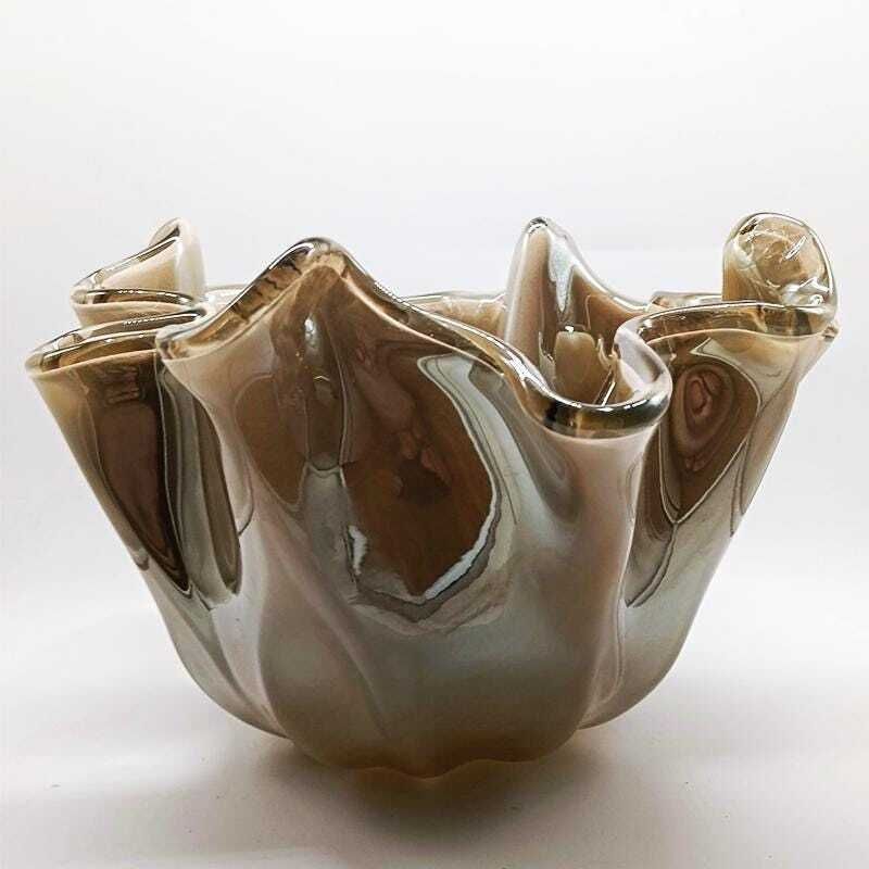 Big Glossy Light Bronze Jacketed Handkerchief Vase In Hand Worked Murano Glass. Made In Italy. photo for sale