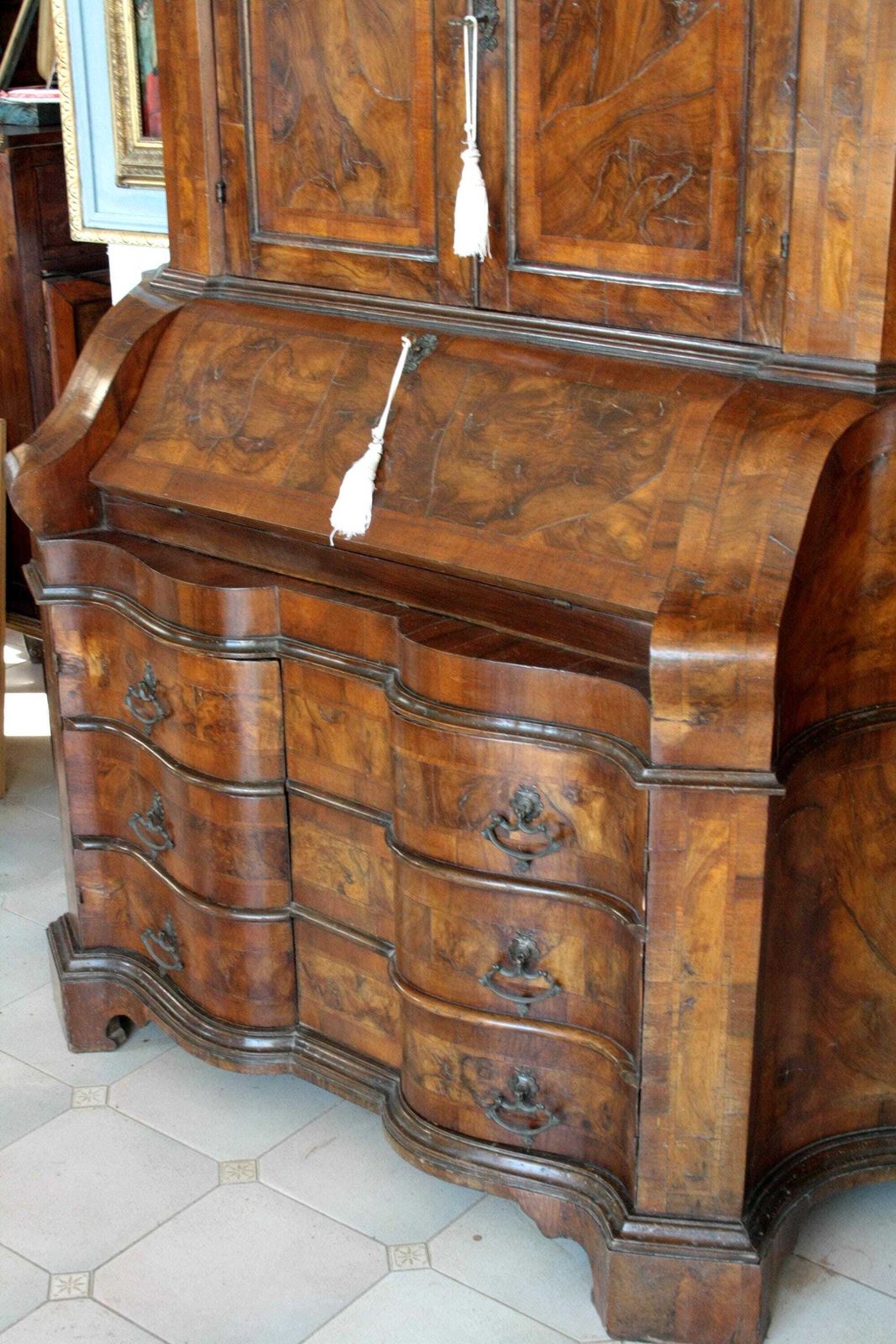 Antique Wall Unit Italian Walnut Burl, 19th Century Lombard Trumeau, Vintage Northern Italy Furniture, Cabinet With Drawers And Shelves photo buy