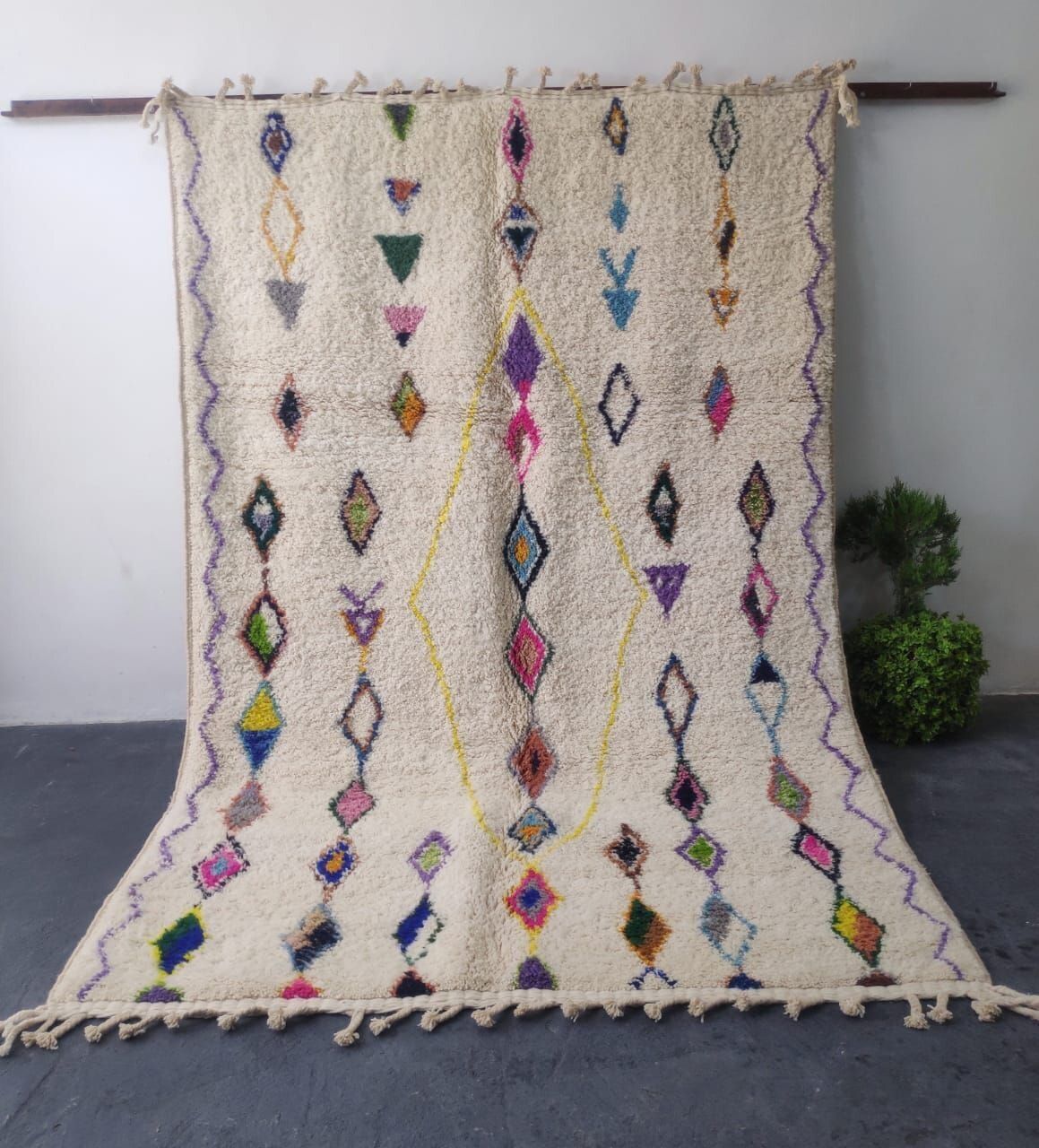 Large Playful Beni Ouarain Rug, 300x200cm, Colorful Abstract Symbols, Handmade Wool