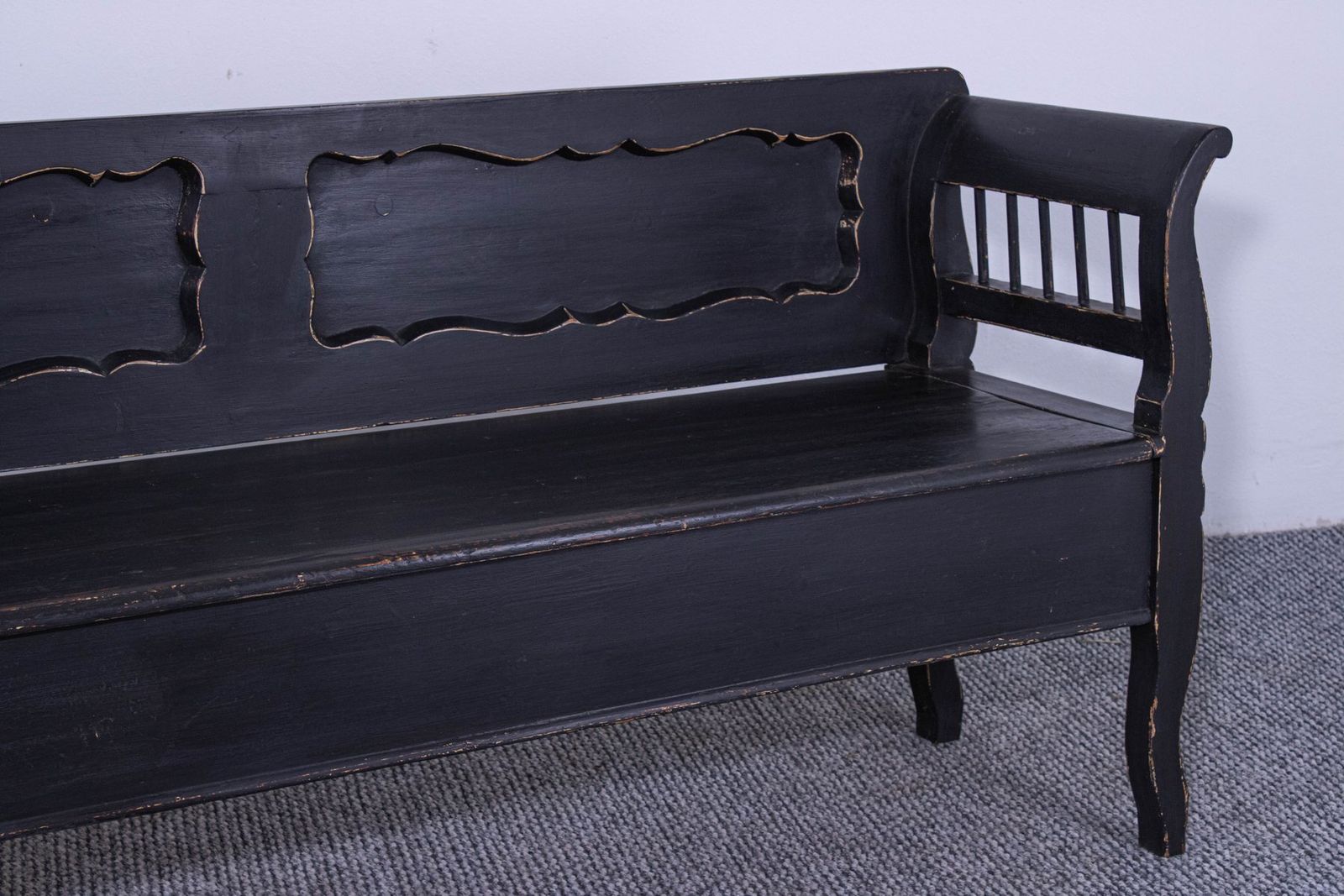 Antique Black Painted Pine Box Bench, Late 19th Century photo furniture