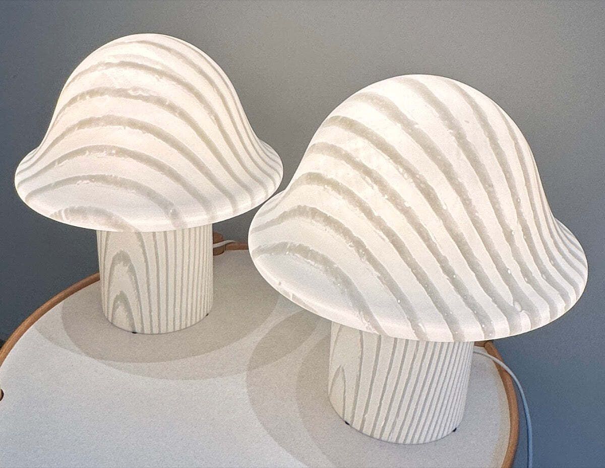 Pair Of Large 1970s Space Age Peill & Putzler Striped White Silky Glass Mushroom Table Lamps photo Lighting