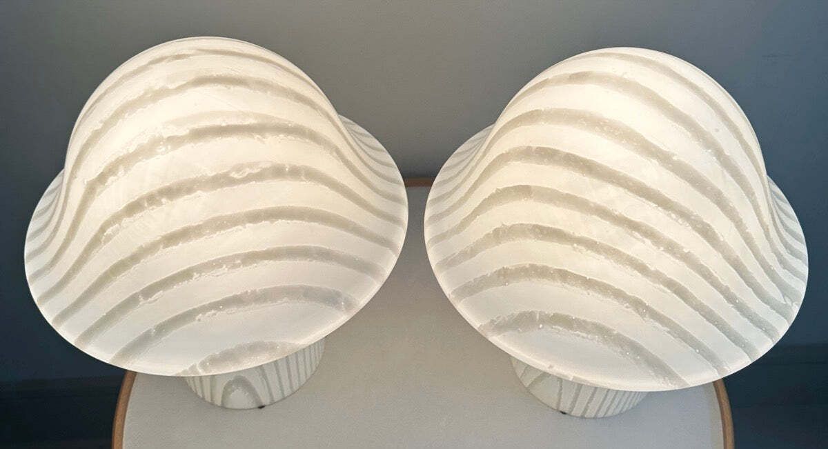 Pair Of Large 1970s Space Age Peill & Putzler Striped White Silky Glass Mushroom Table Lamps photo vinterior