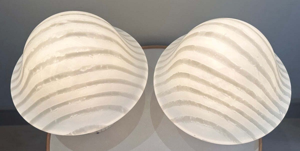 photo furniture Pair Of Large 1970s Space Age Peill & Putzler Striped White Silky Glass Mushroom Table Lamps
