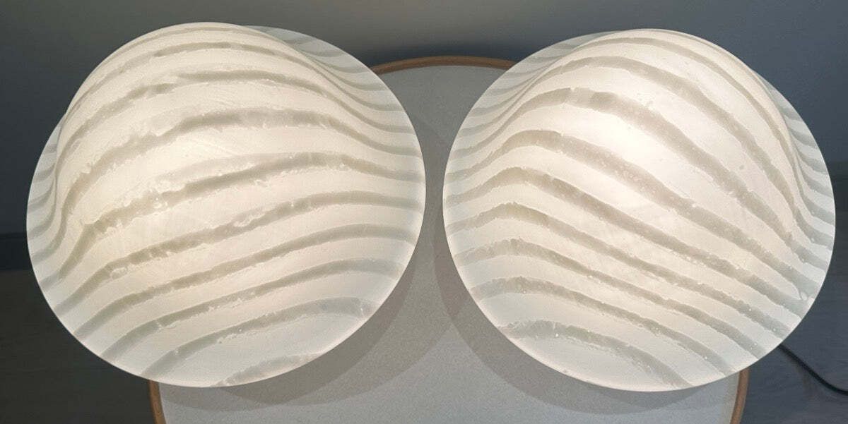 photo for sale Pair Of Large 1970s Space Age Peill & Putzler Striped White Silky Glass Mushroom Table Lamps