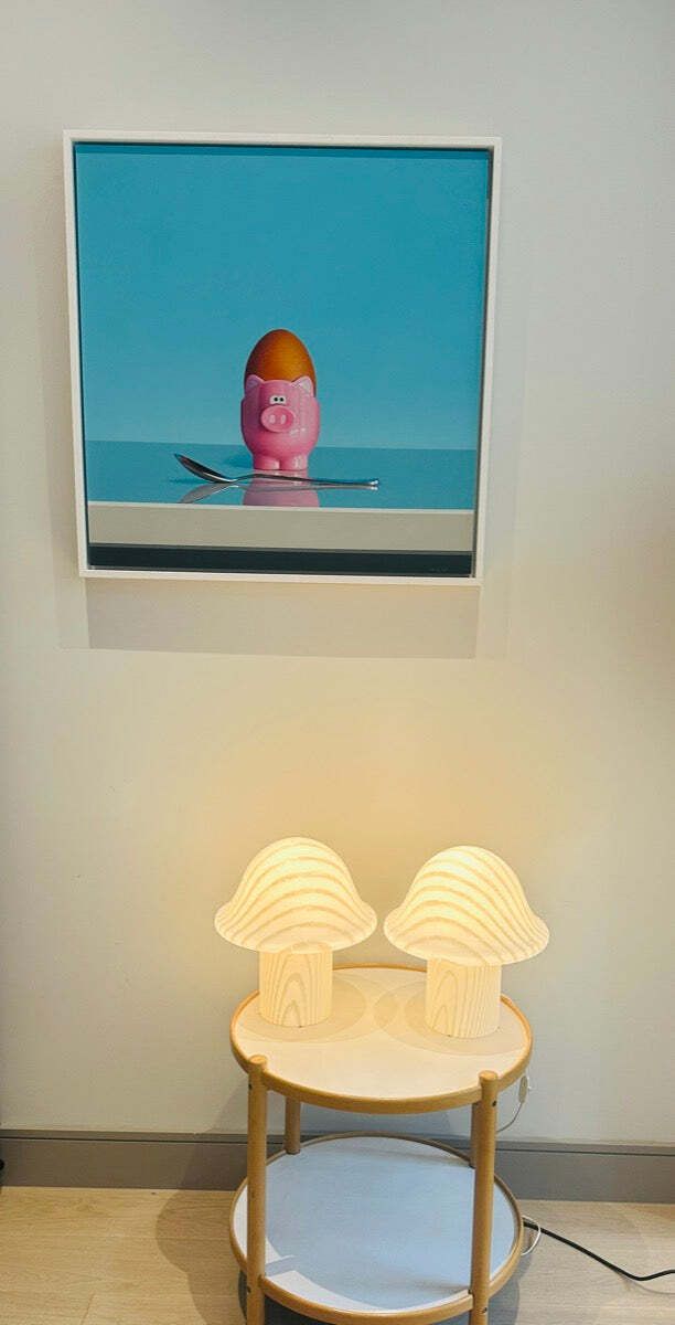 Lighting Pair Of Large 1970s Space Age Peill & Putzler Striped White Silky Glass Mushroom Table Lamps photo