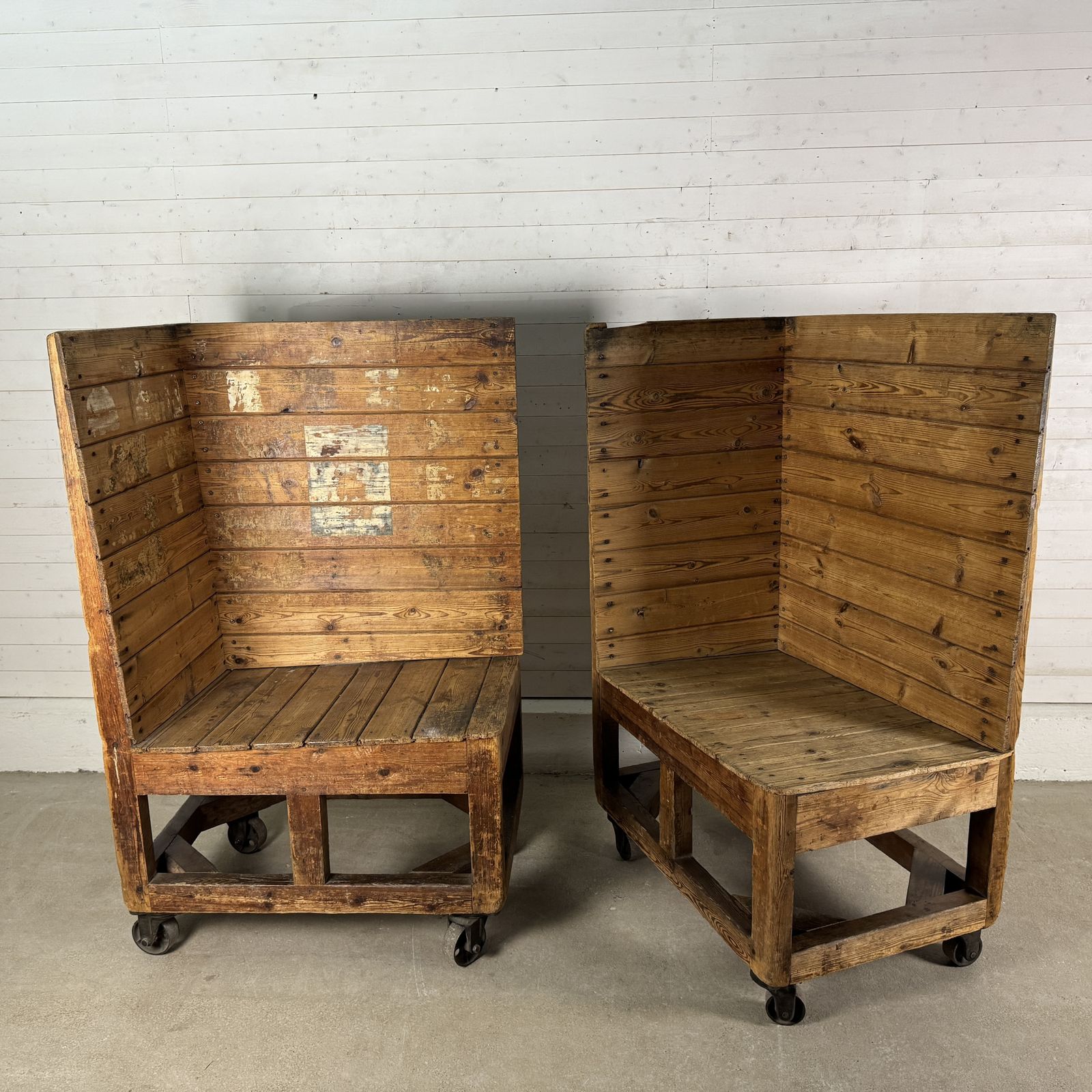 Pair Of Antique Industrial Pine Factory Trolleys photo Furniture
