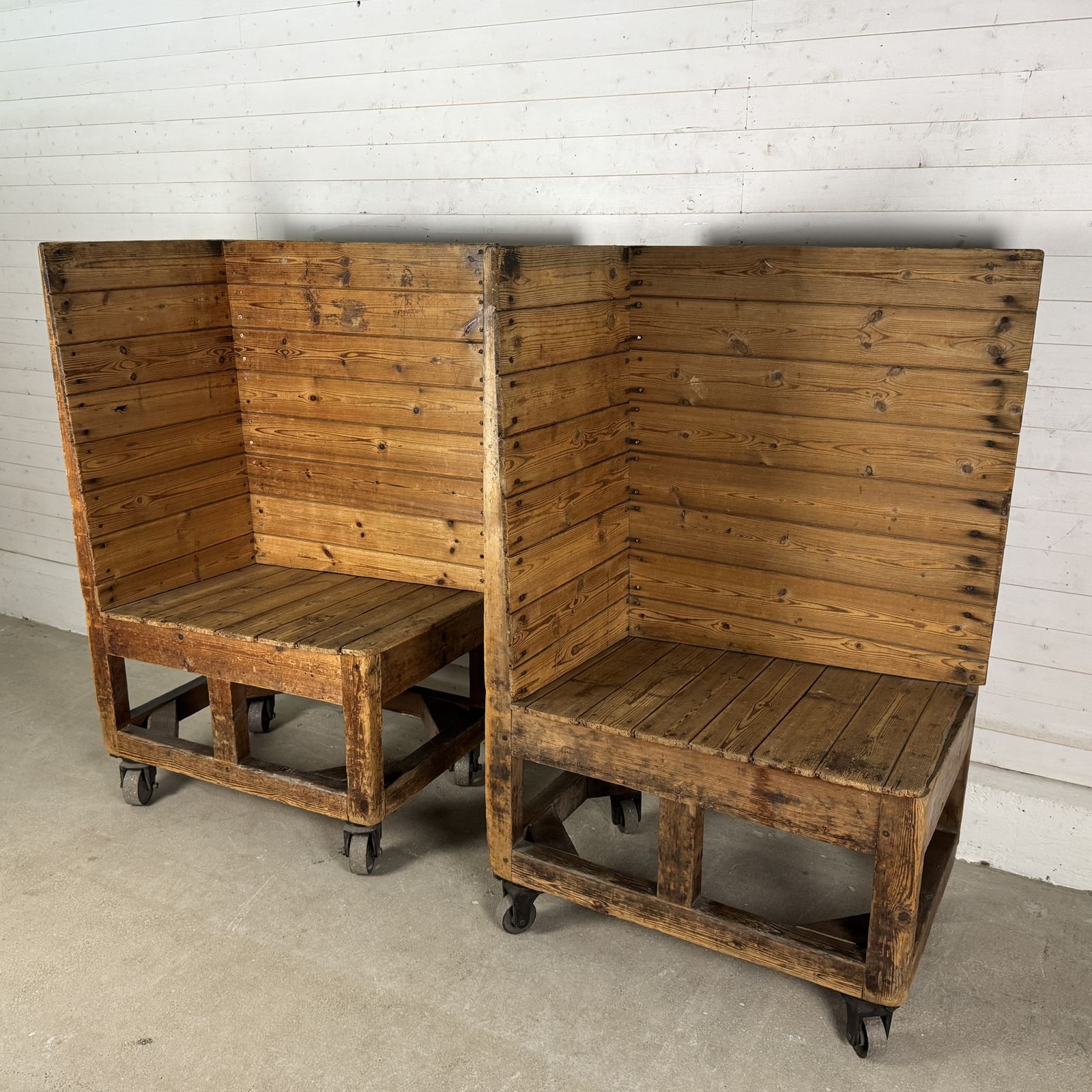 Pair Of Antique Industrial Heavy Duty Pine Factory Trolleys