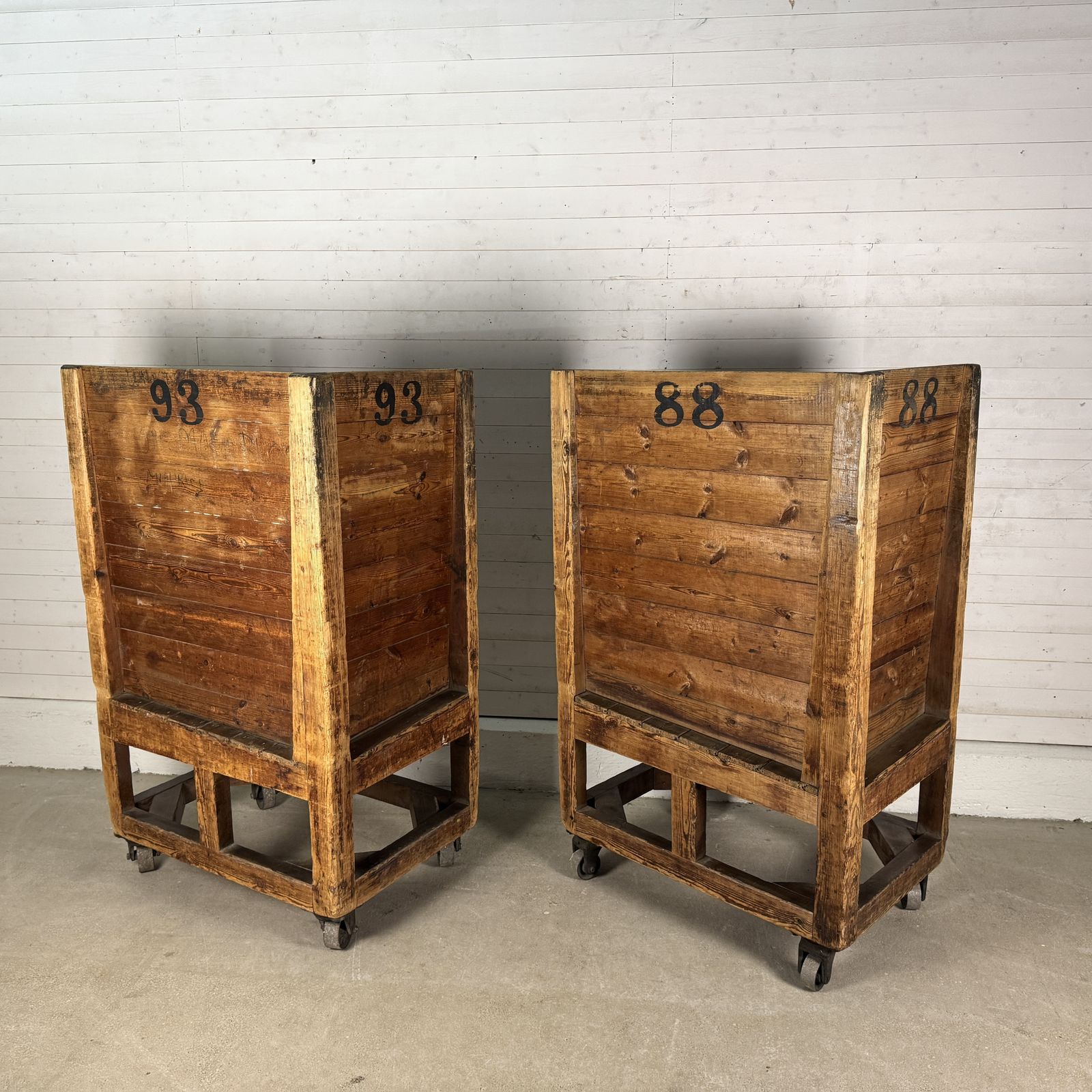 Pair Of Antique Industrial Heavy Duty Pine Factory Trolleys photo 1050.0