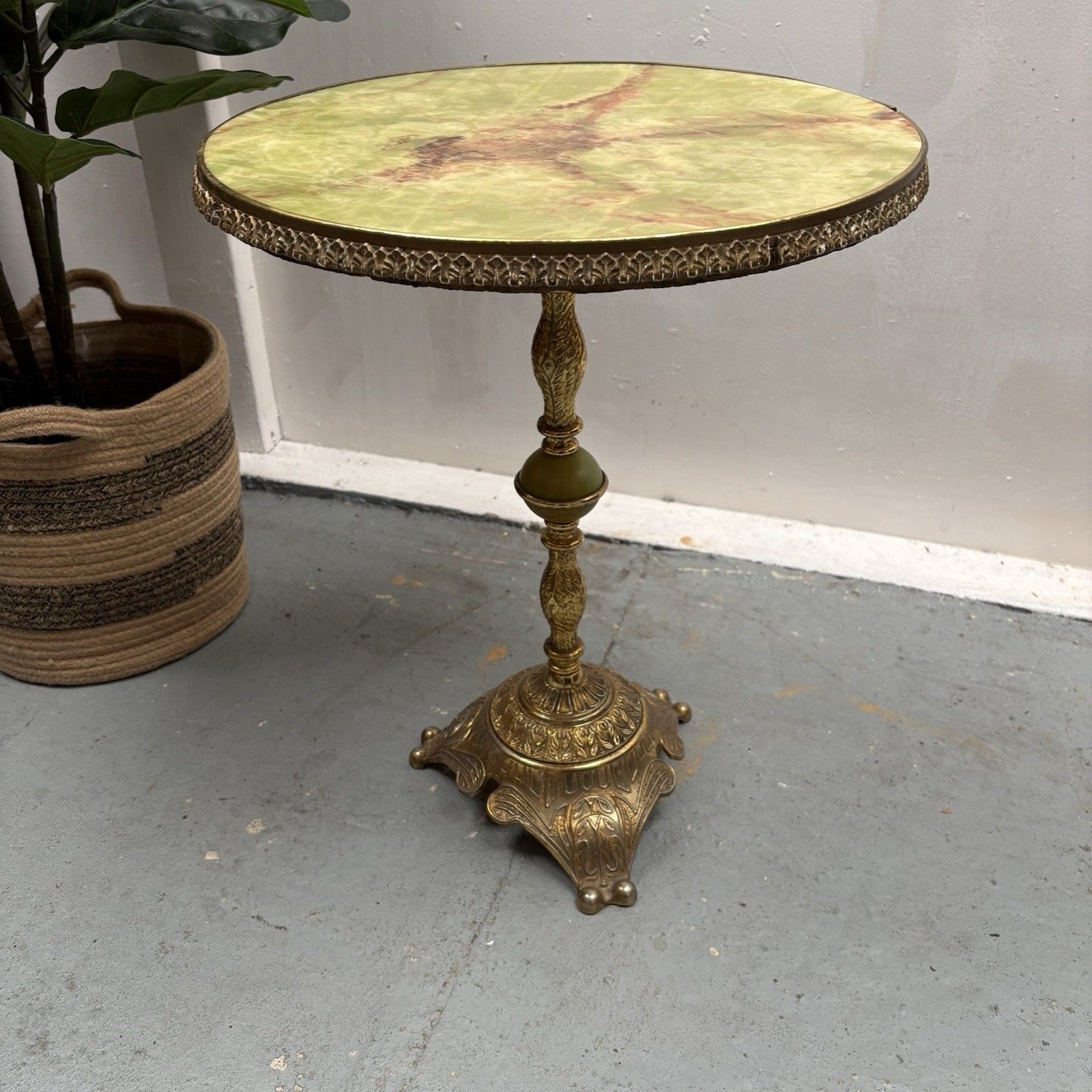 Vintage French Style Green Onyx Circular Top Brass Wine Or Side Table